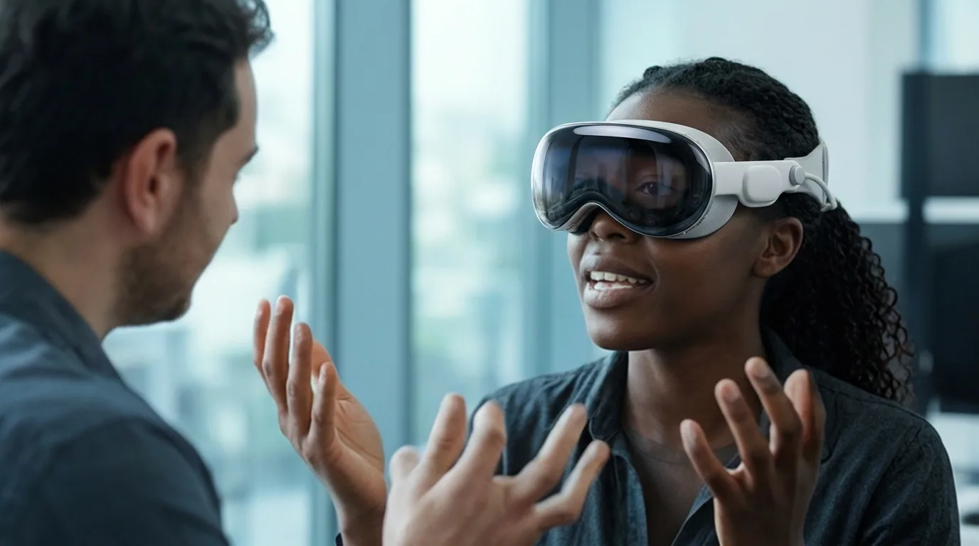 Deaf woman wearing Apple Vision Pro while signing with a colleague
