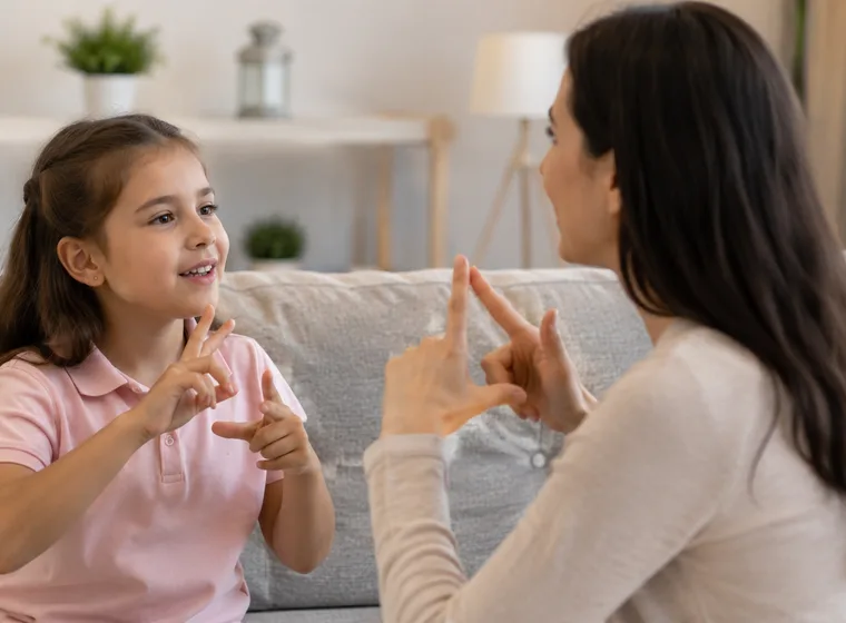 A mother and child communicating in sign language