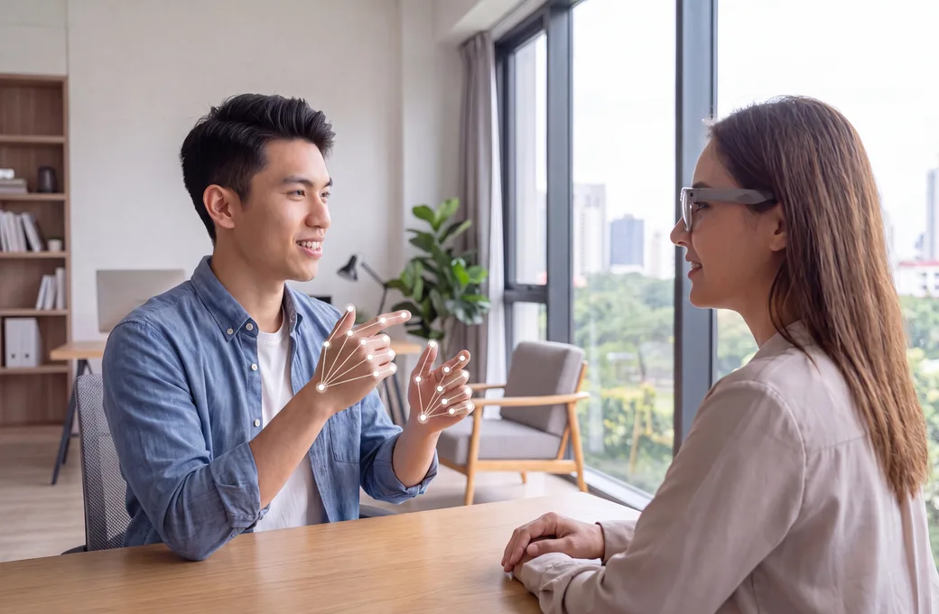 Man signing with hand-tracking overlays on his hands while a woman wearing smart glasses watches across a table
