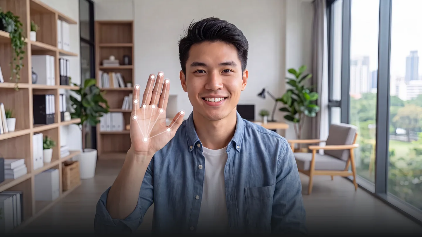 A man signing with real-time hand tracking overlays