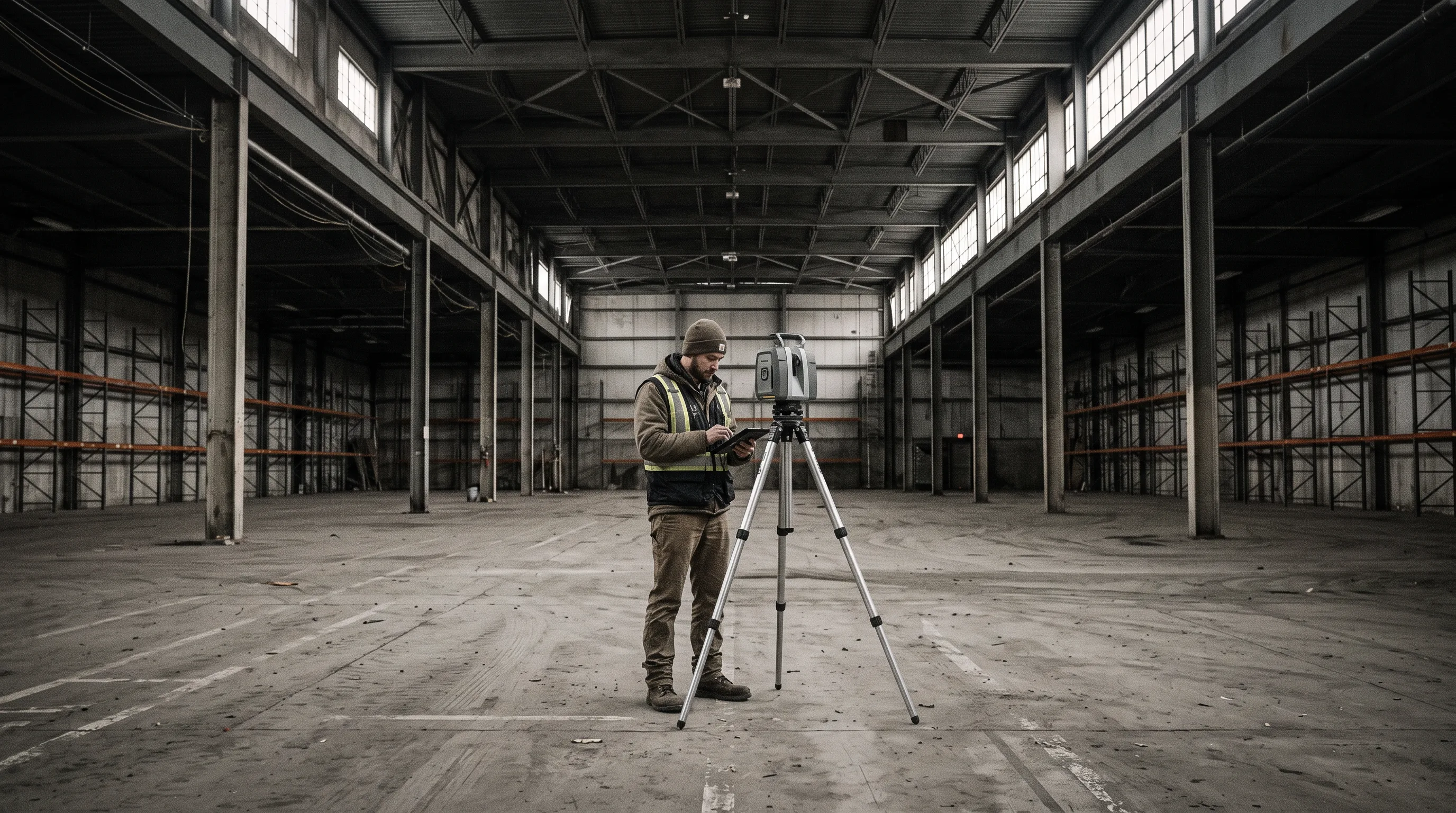 Technician operating a tripod laser scanner inside a large warehouse