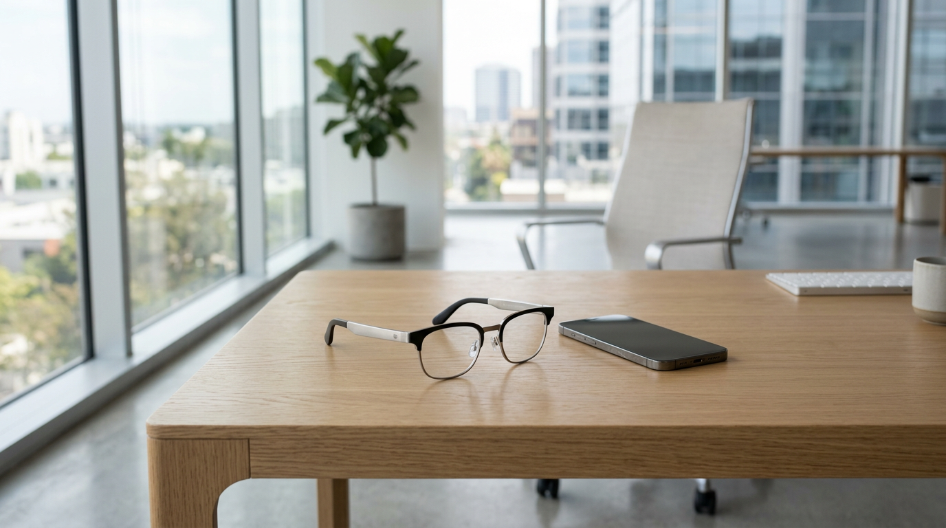 Thin-framed smart glasses and smartphone resting on light oak desk with soft reflections and bright background.