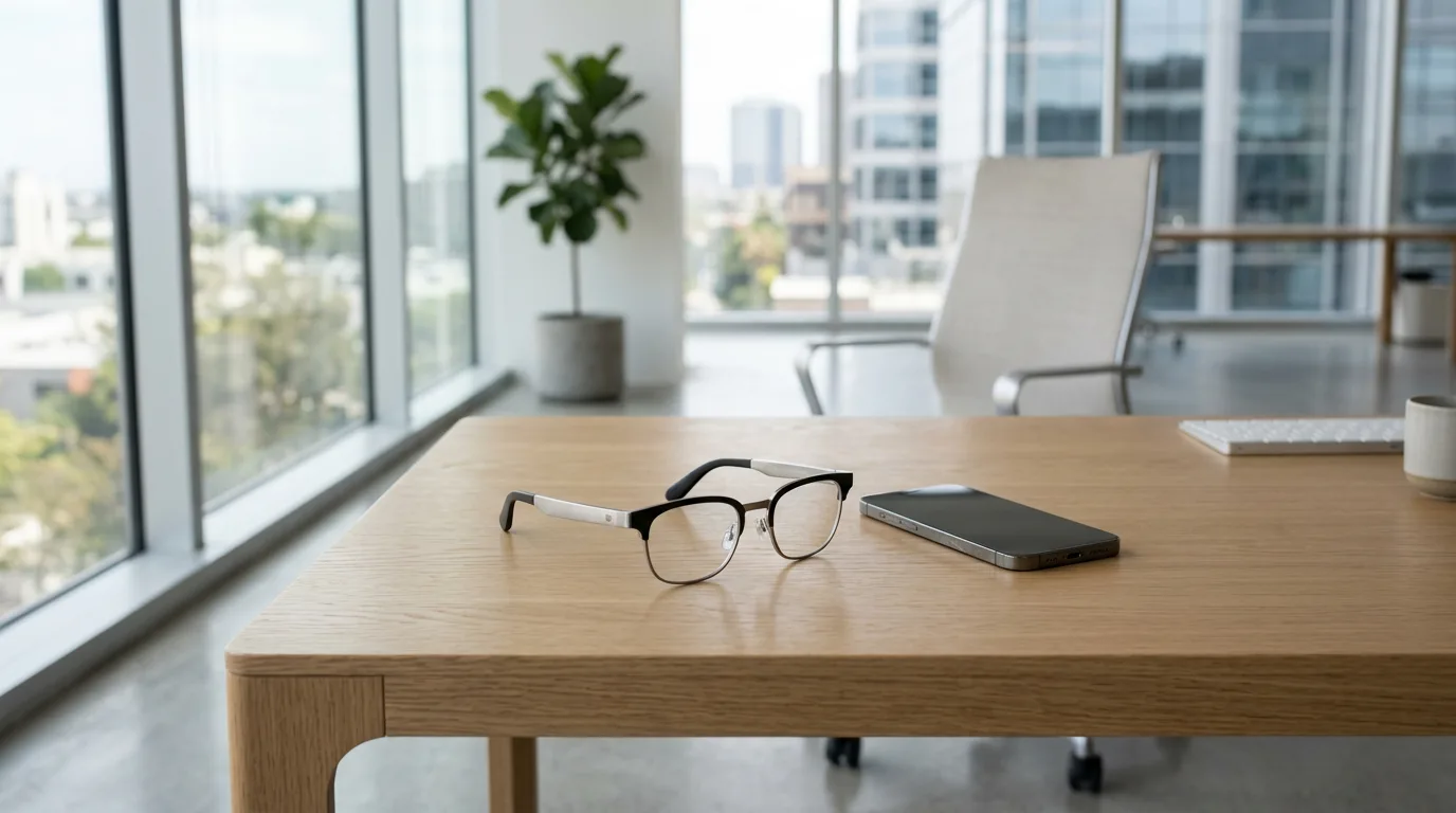 Thin-framed smart glasses and smartphone resting on light oak desk with soft reflections and bright background.