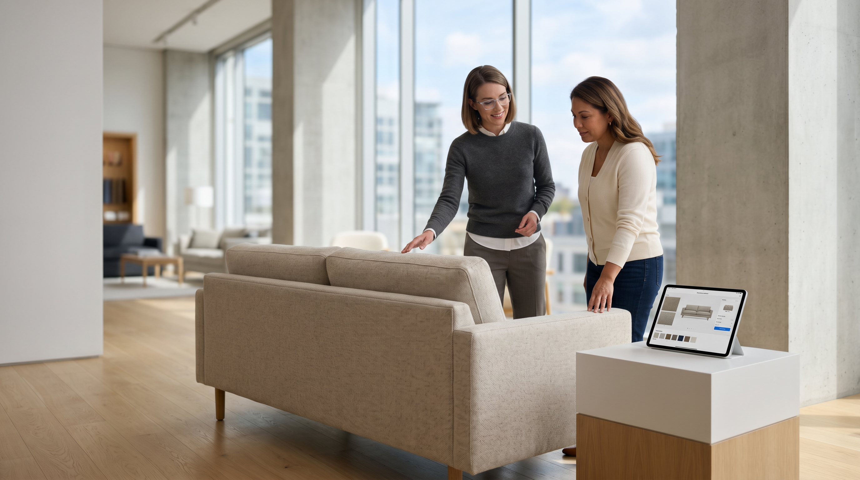 Retail associate wearing display glasses assisting customer in minimalist showroom