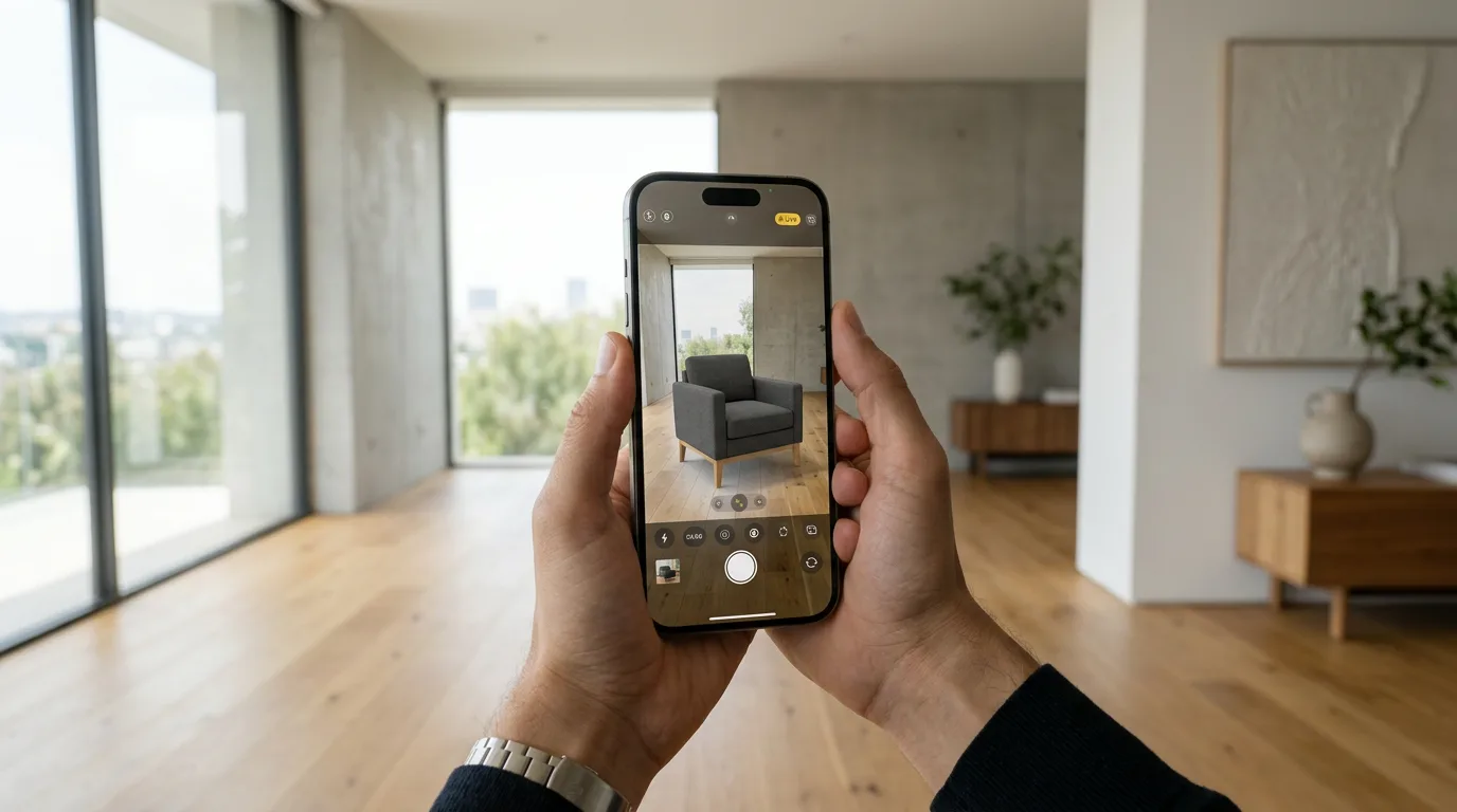 Hands holding smartphone showing 3D armchair rendered in real space within bright minimalist room.