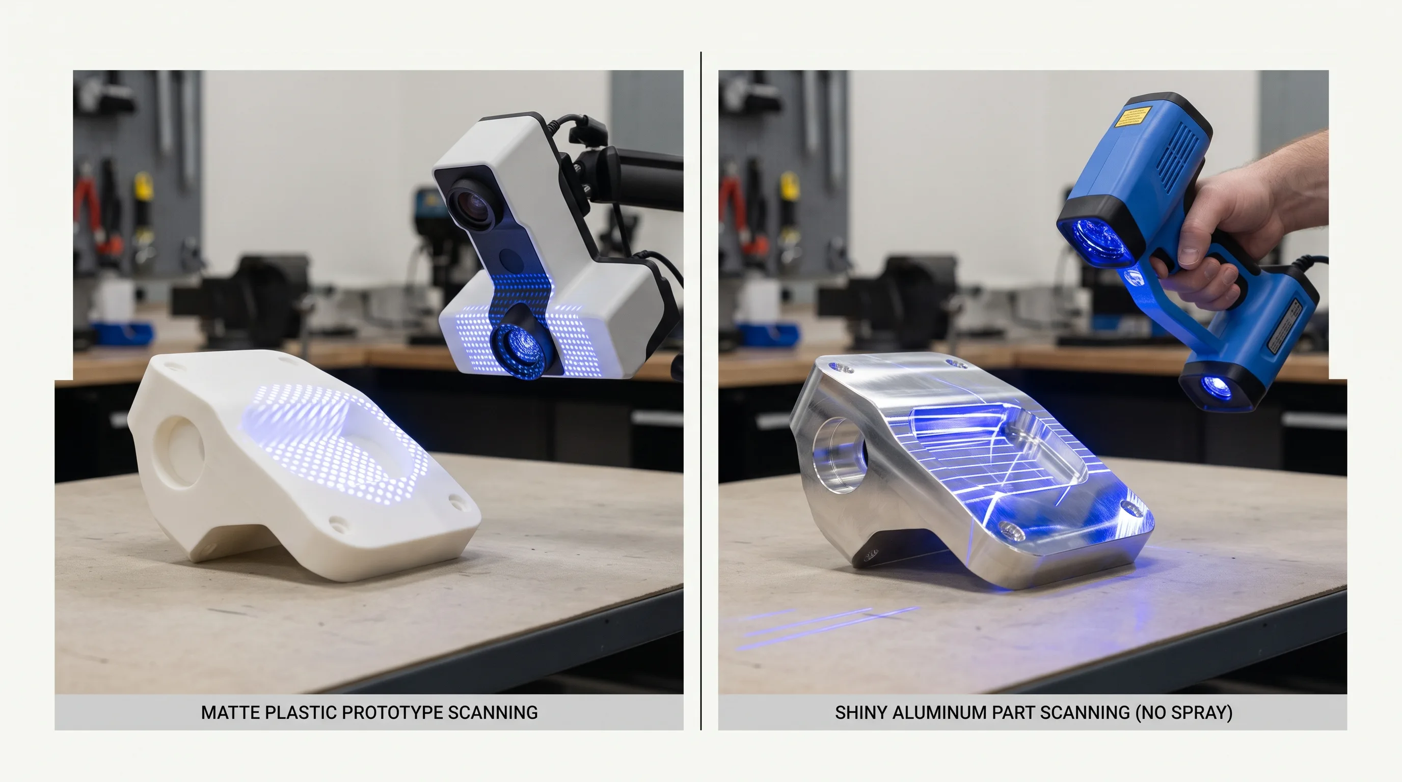 Split comparison of structured light scanning a prototype and blue laser scanning metal