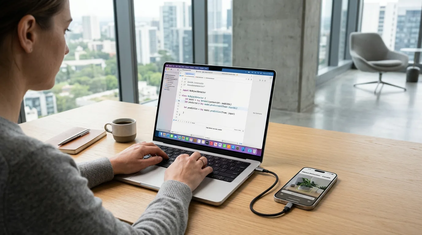 Developer codes CoreML integration in Xcode on MacBook with connected iPhone