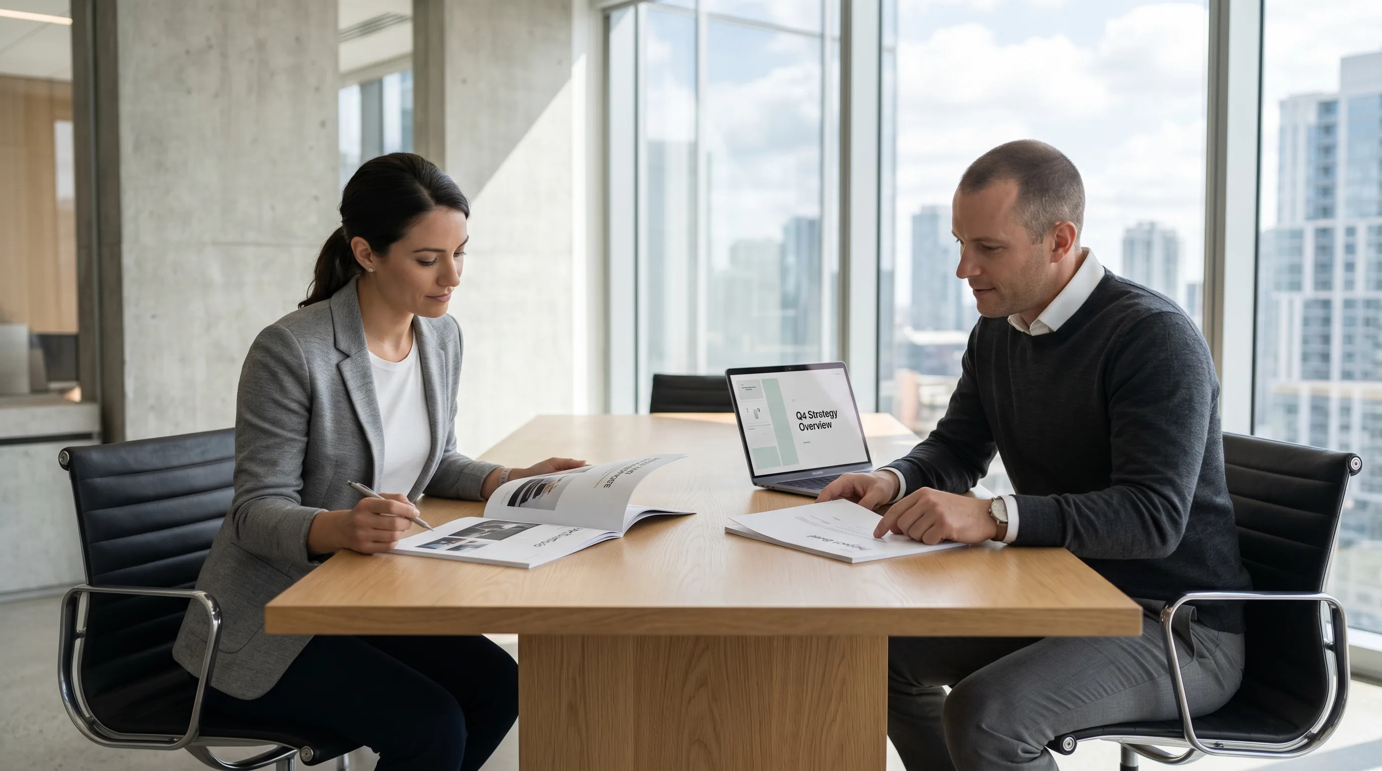 Two professionals reviewing printed app portfolio and project brief at conference table.