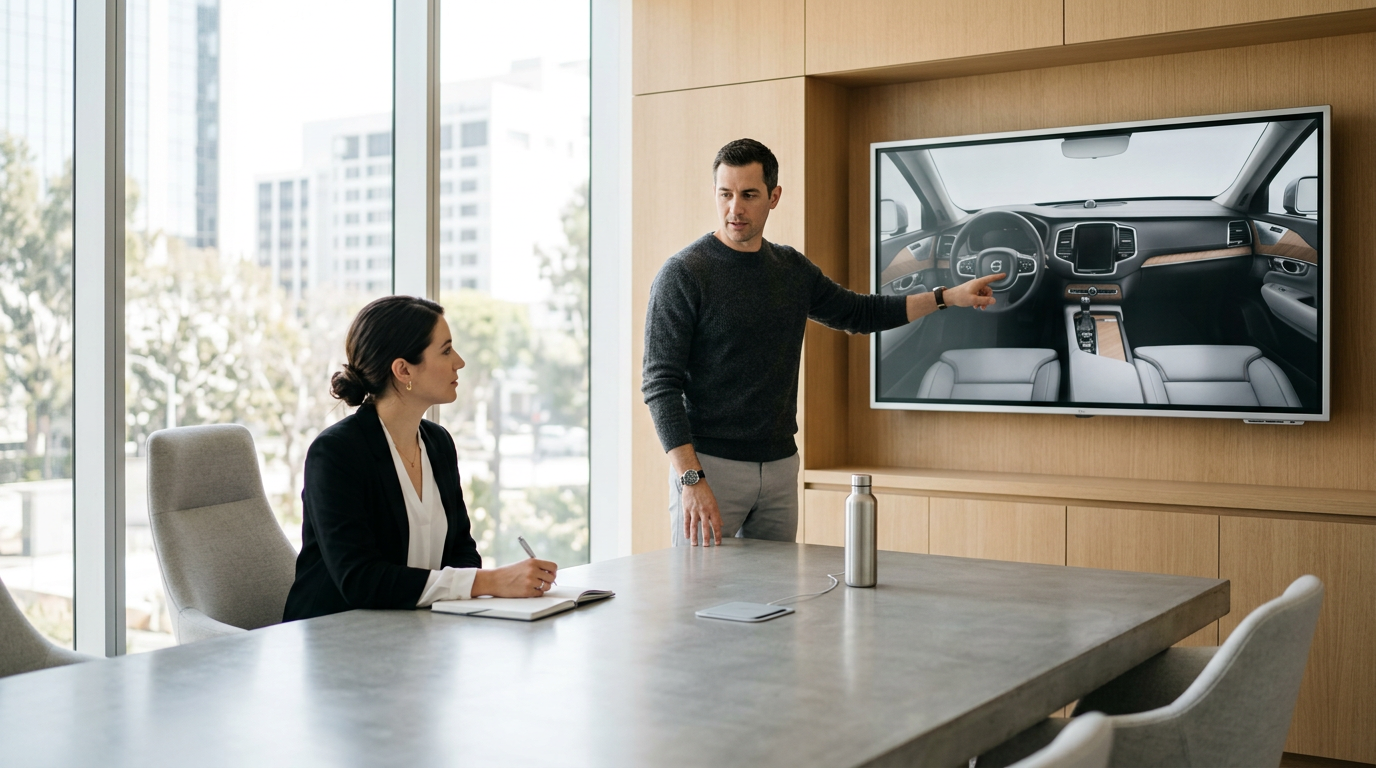 Colleagues review 3D car interior on wall display in minimalist conference room.