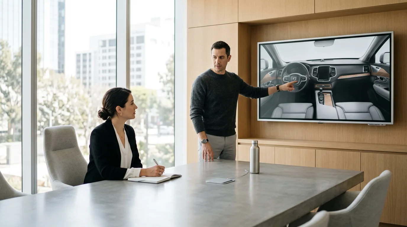 Colleagues review 3D car interior on wall display in minimalist conference room.