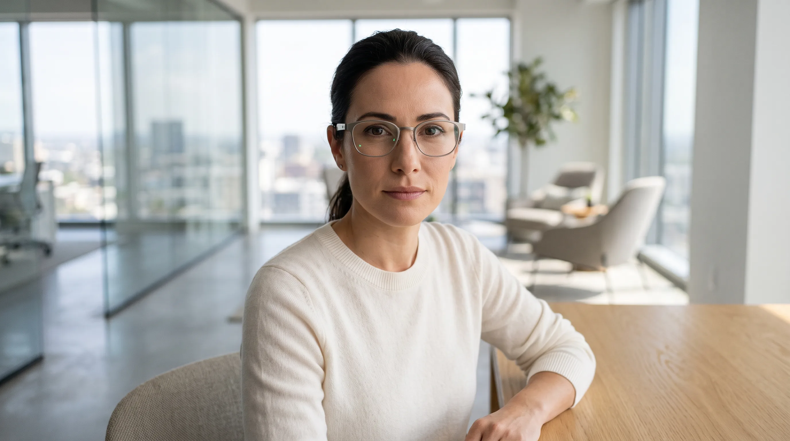 Close-up portrait of a professional wearing near-invisible thin-framed smart glasses with a faint green micro-LED at the