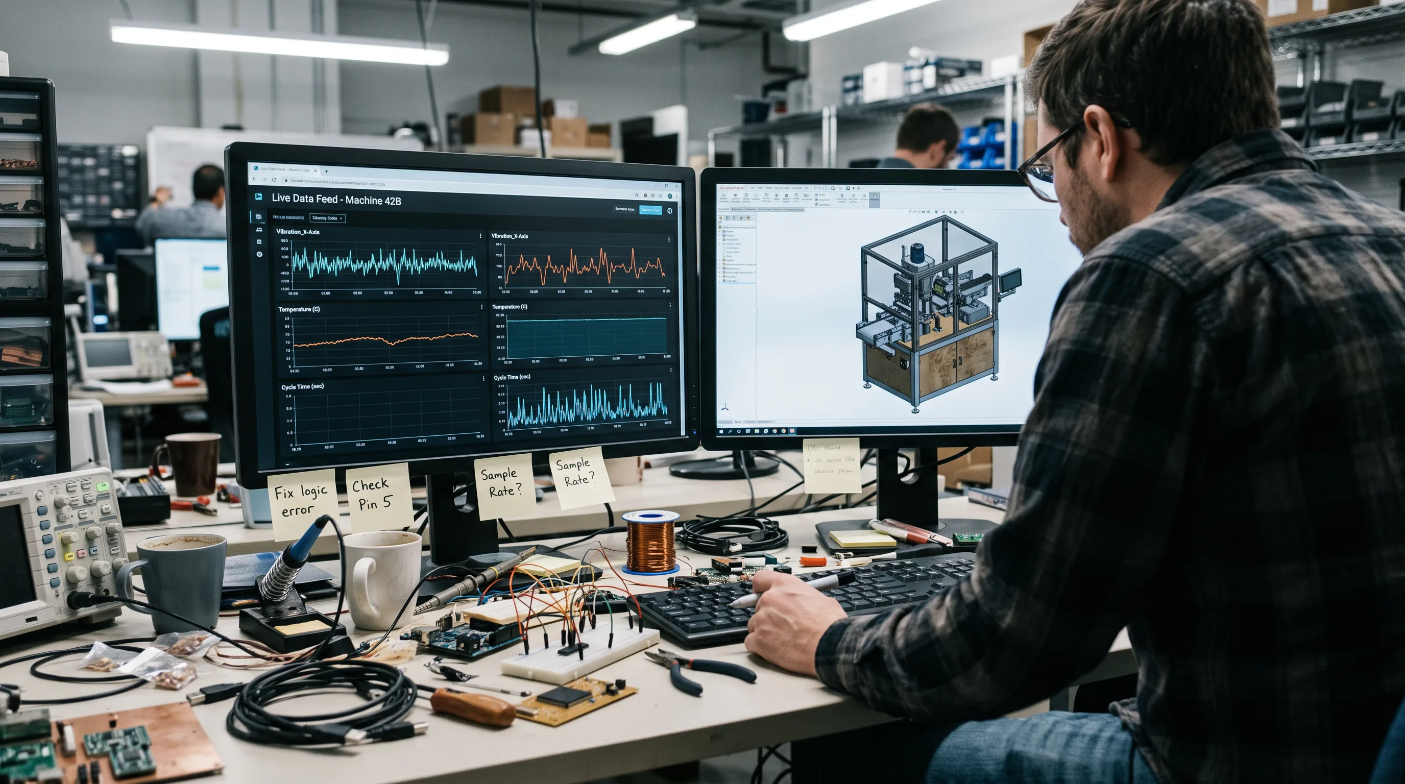 Engineer compares live sensor data with a matching 3D machine model on two screens