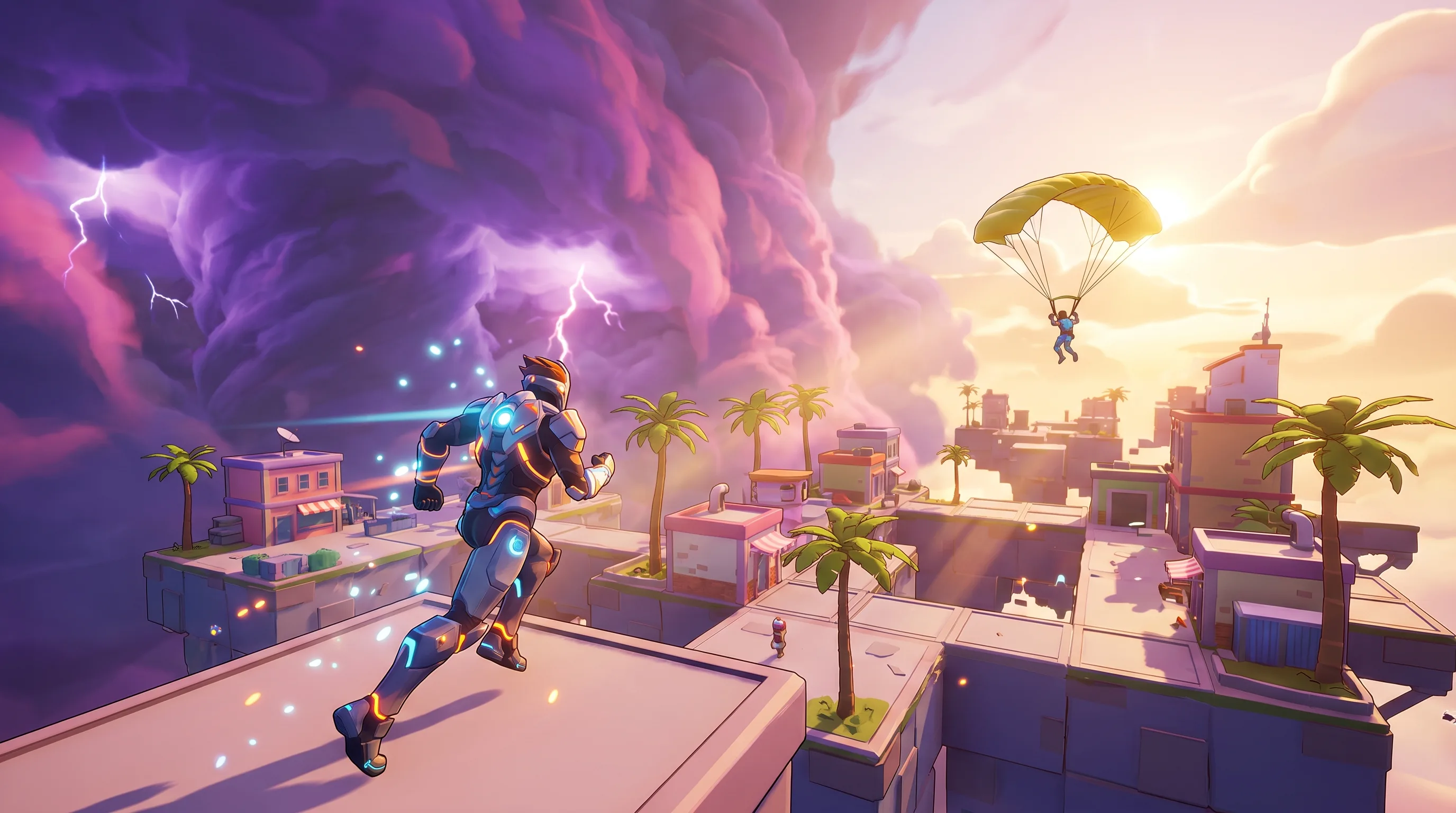 Stylized AAA game still rendered in real time — a hero sprinting across a vibrant battleground
