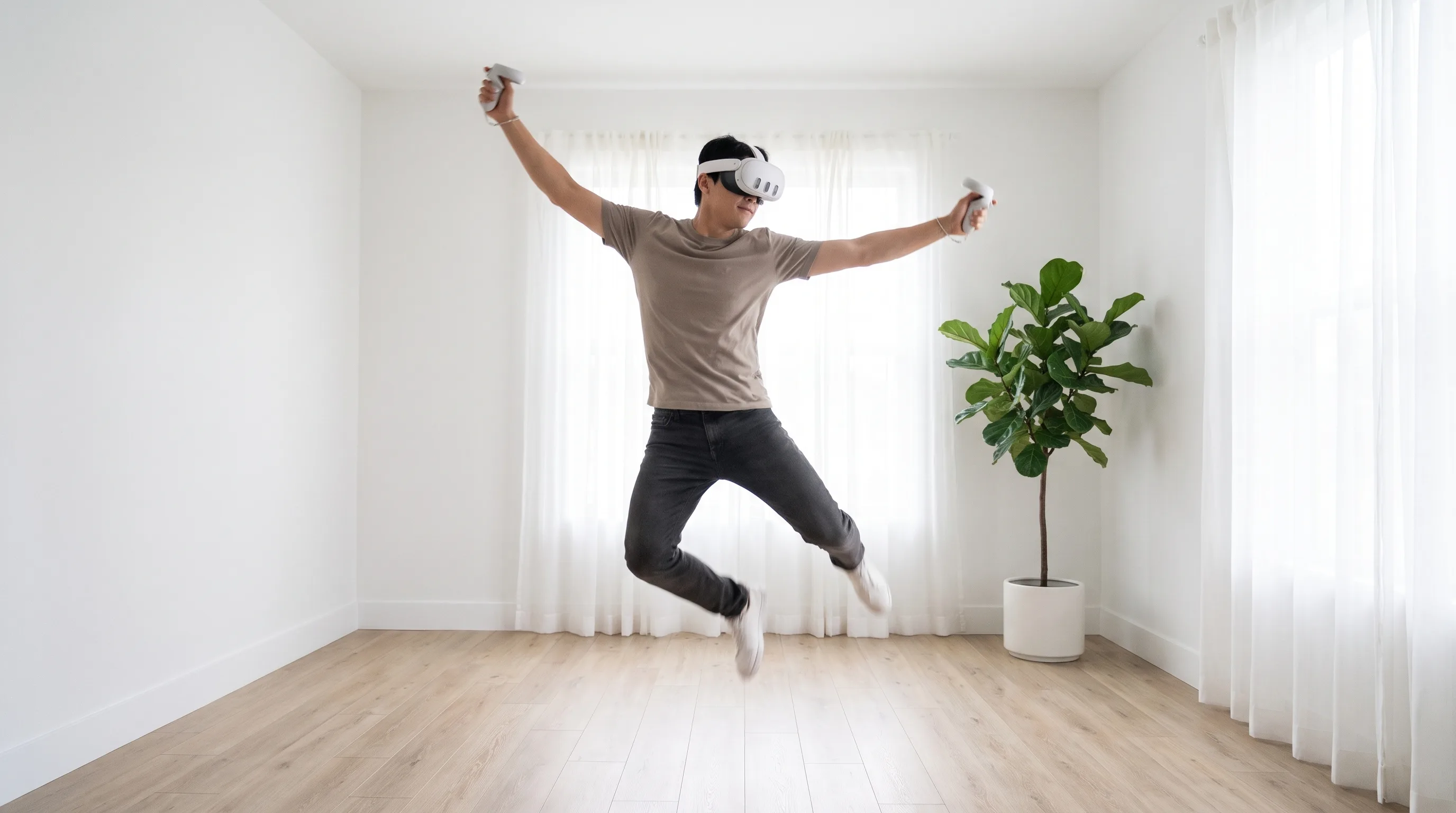 Person playing a Unity VR game on Meta Quest 3 in a bright minimal living space
