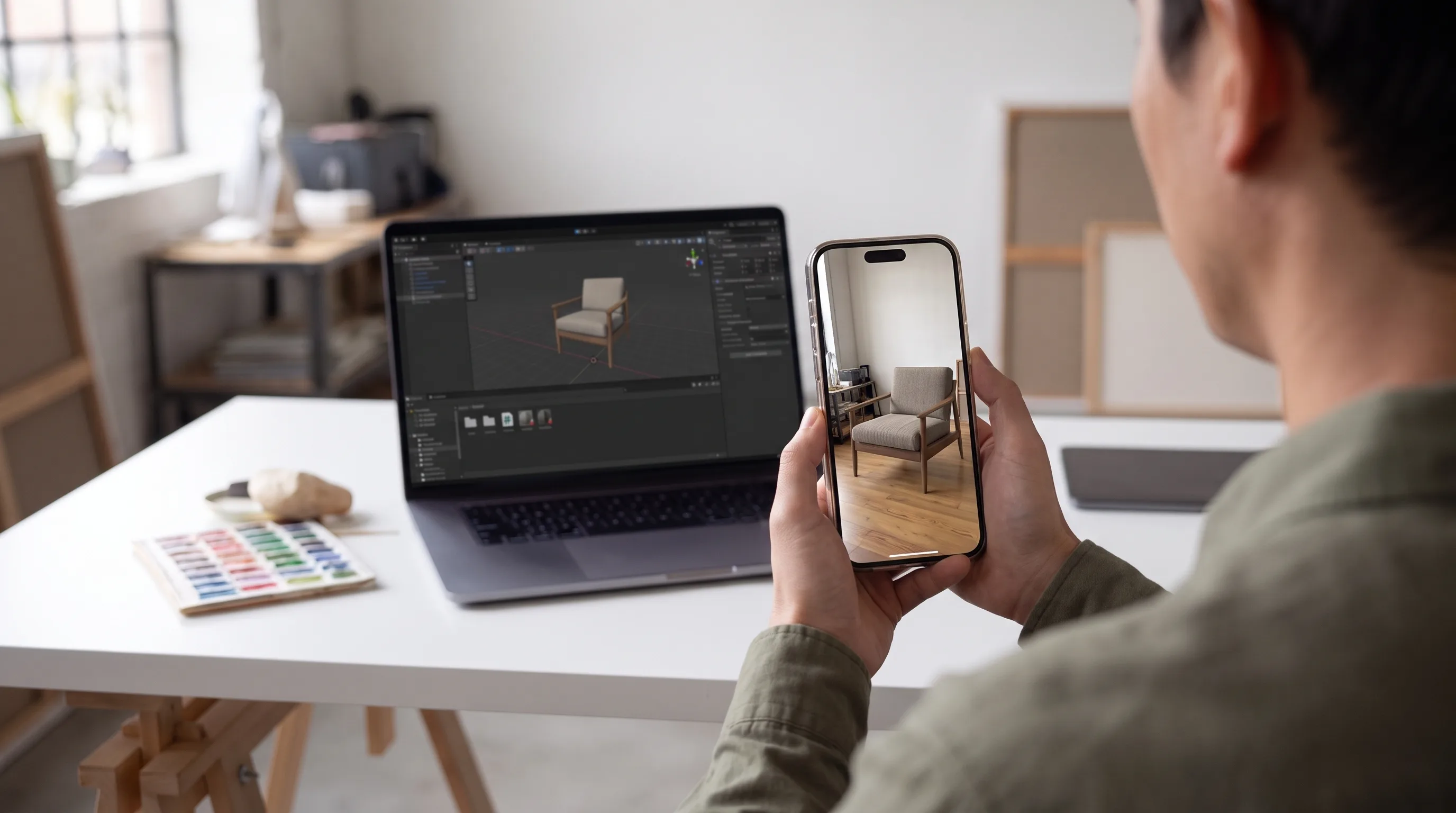 Unity mobile AR app placing a 3D armchair in a real room on a smartphone screen