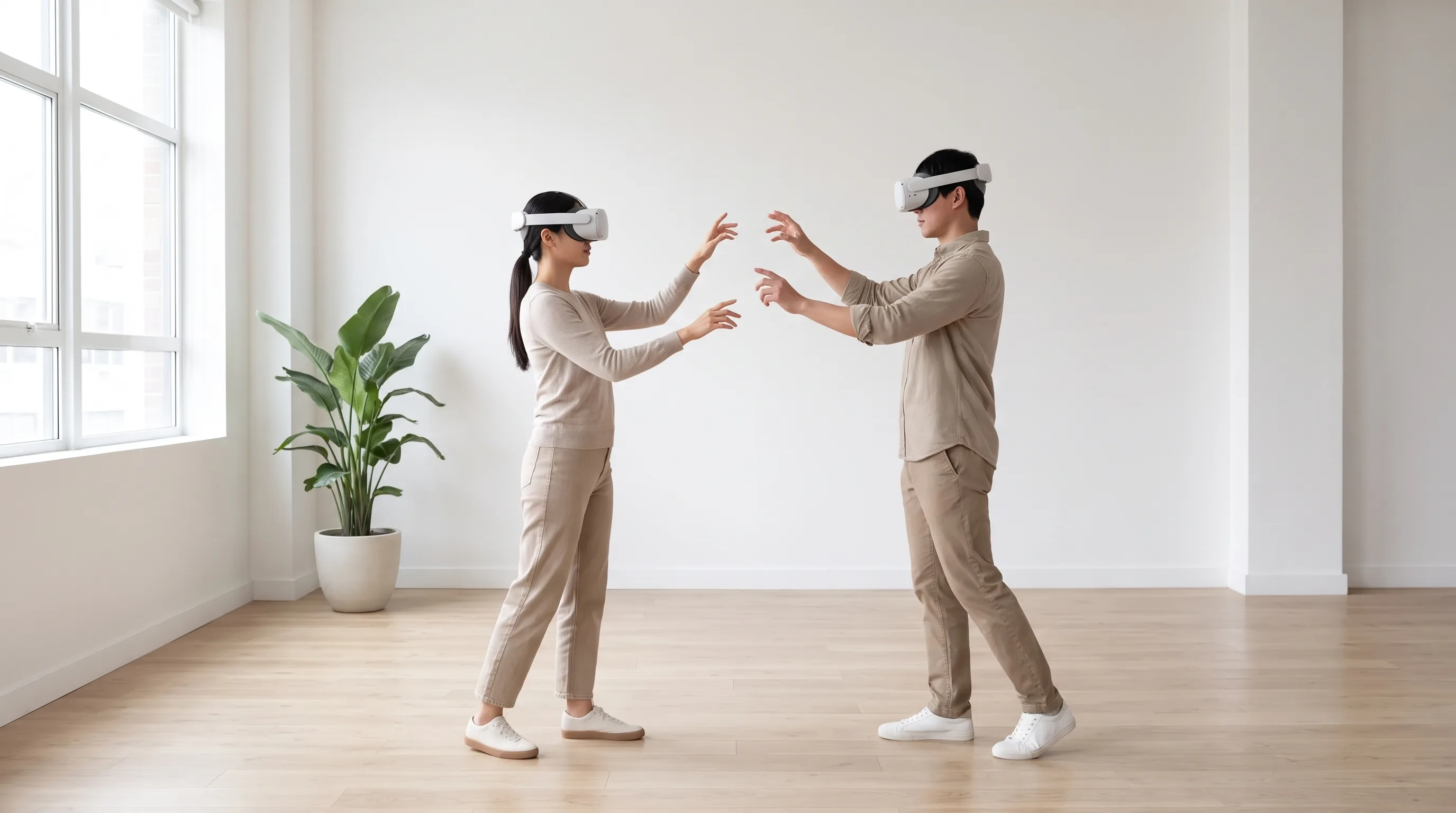 Two people in VR headsets sharing one networked Unity session in a bright studio