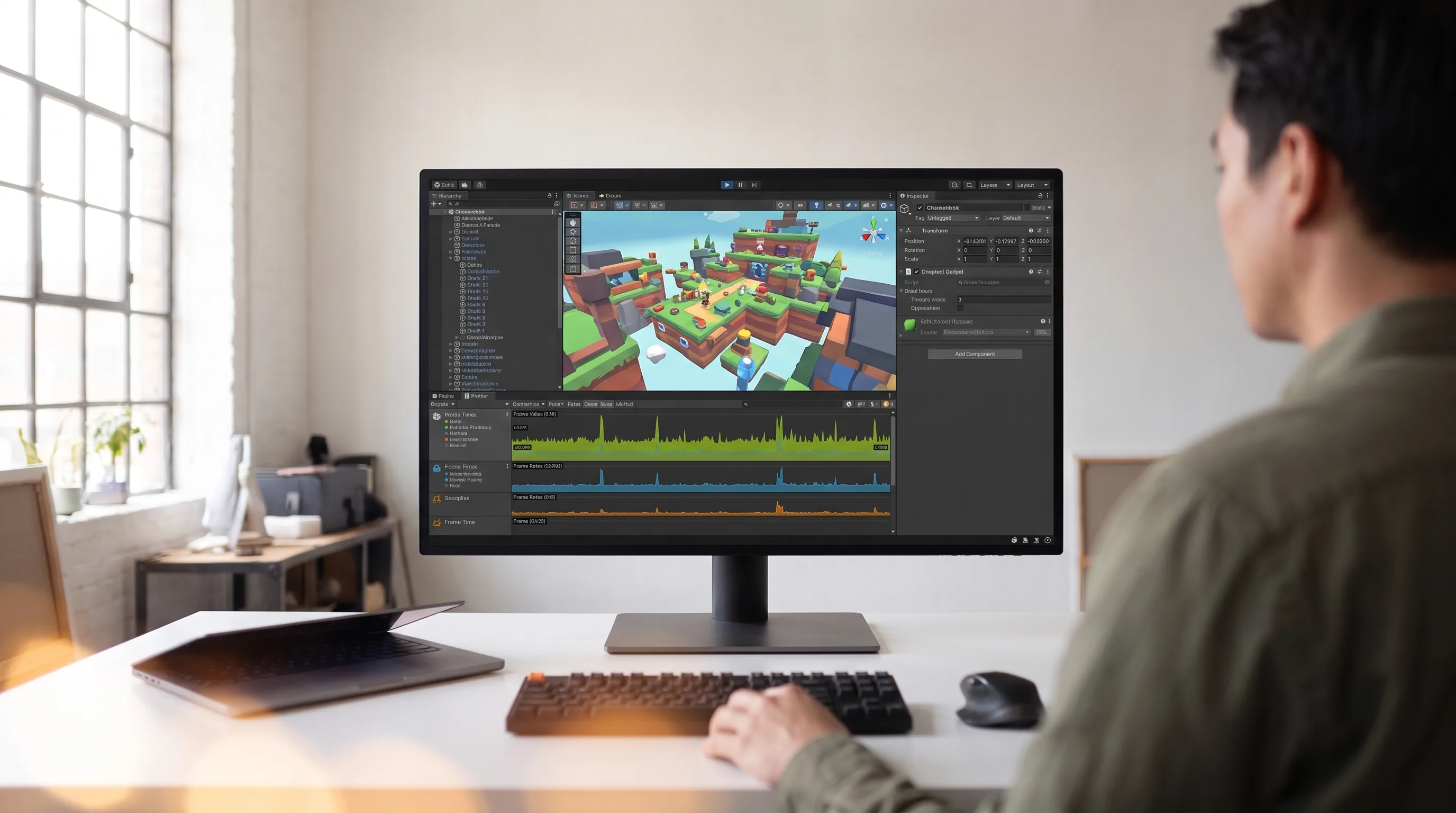 Unity performance profiler with frame-time graphs on a studio display
