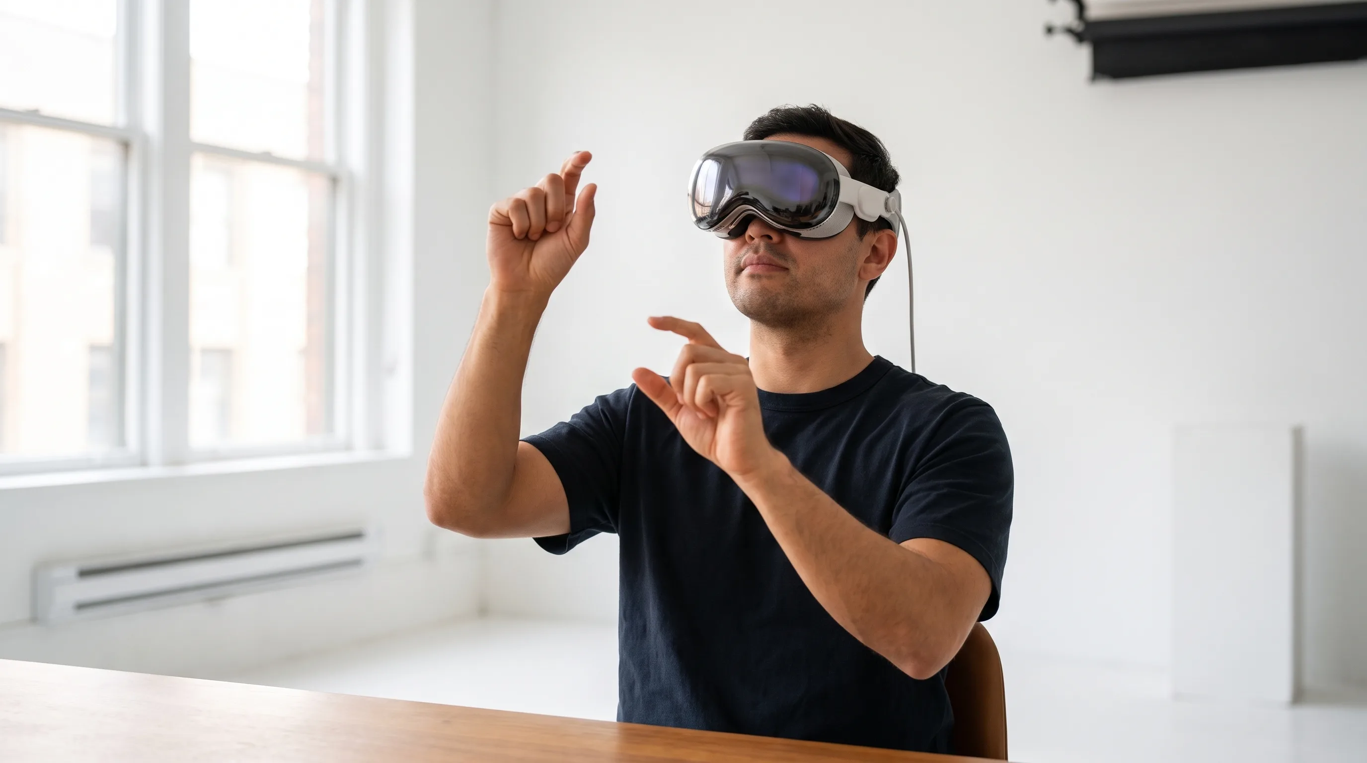Unity XR developer wearing Apple Vision Pro performing a pinch gesture in a bright studio