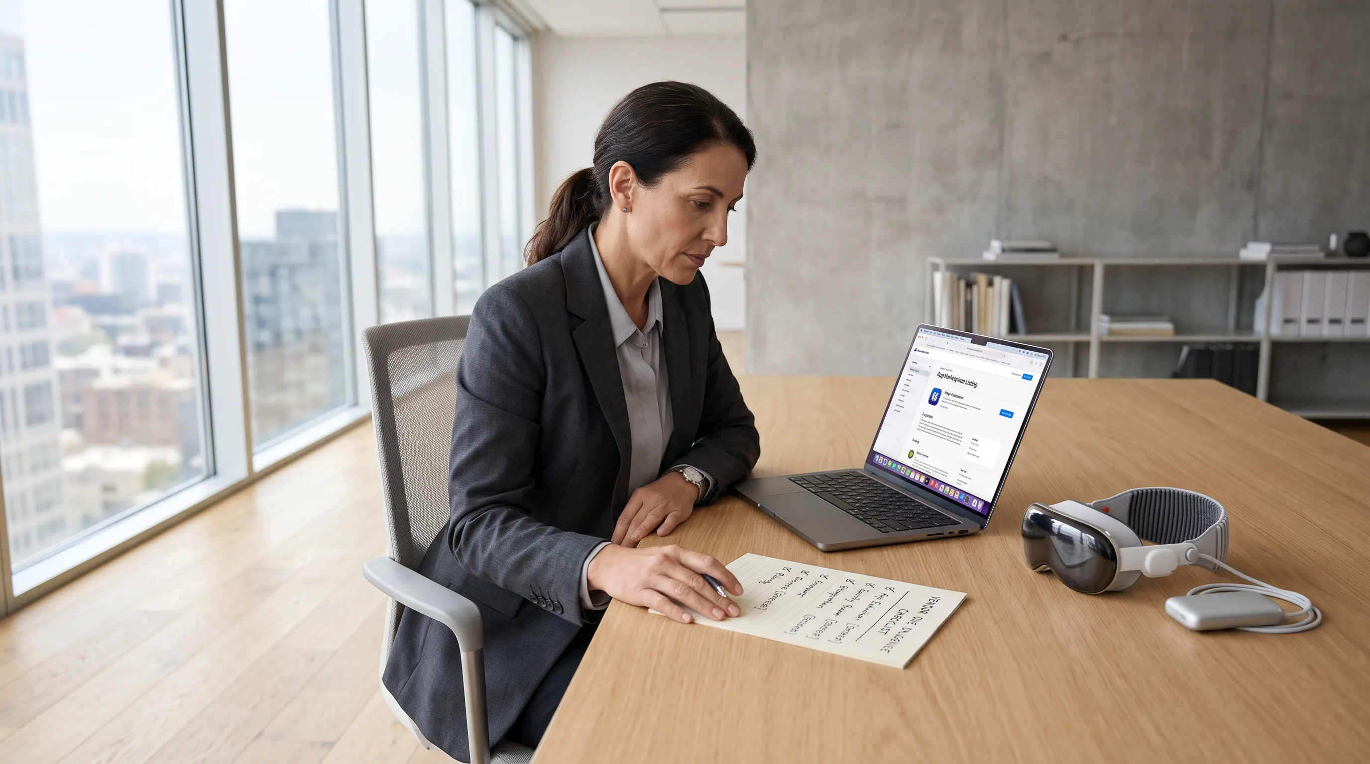 Decision-maker reviewing an app marketplace listing on a laptop beside an Apple Vision Pro headset on a desk