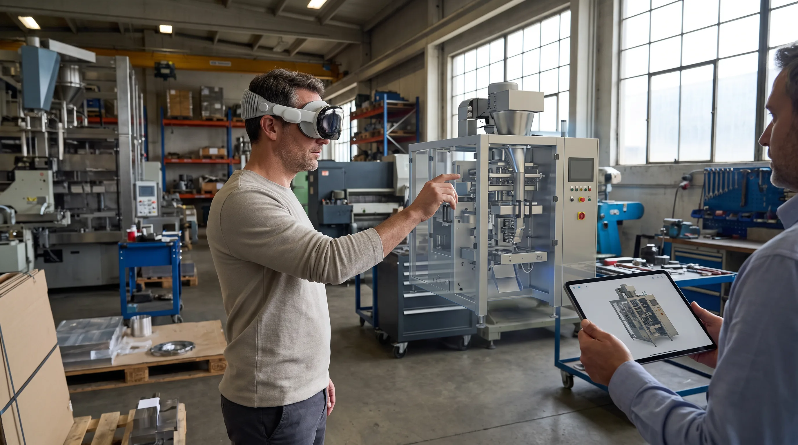 Engineer in an Apple Vision Pro headset inspects a 3D digital twin on the factory floor