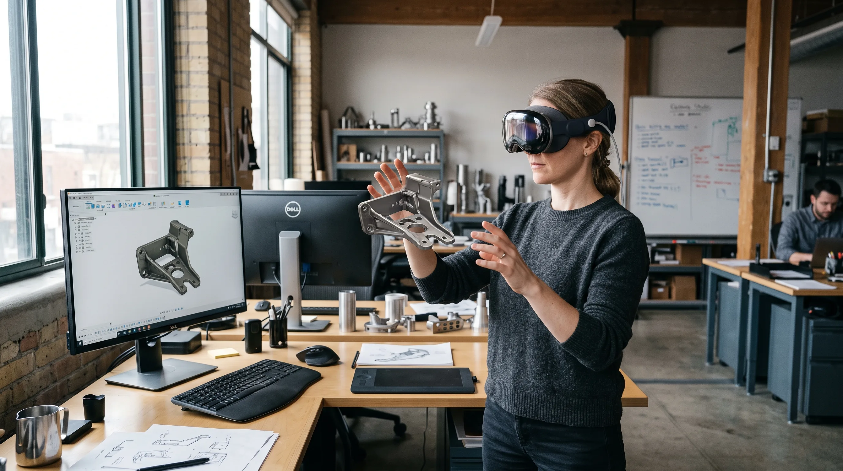 Artist in an Apple Vision Pro inspecting an optimized scanned model in a studio