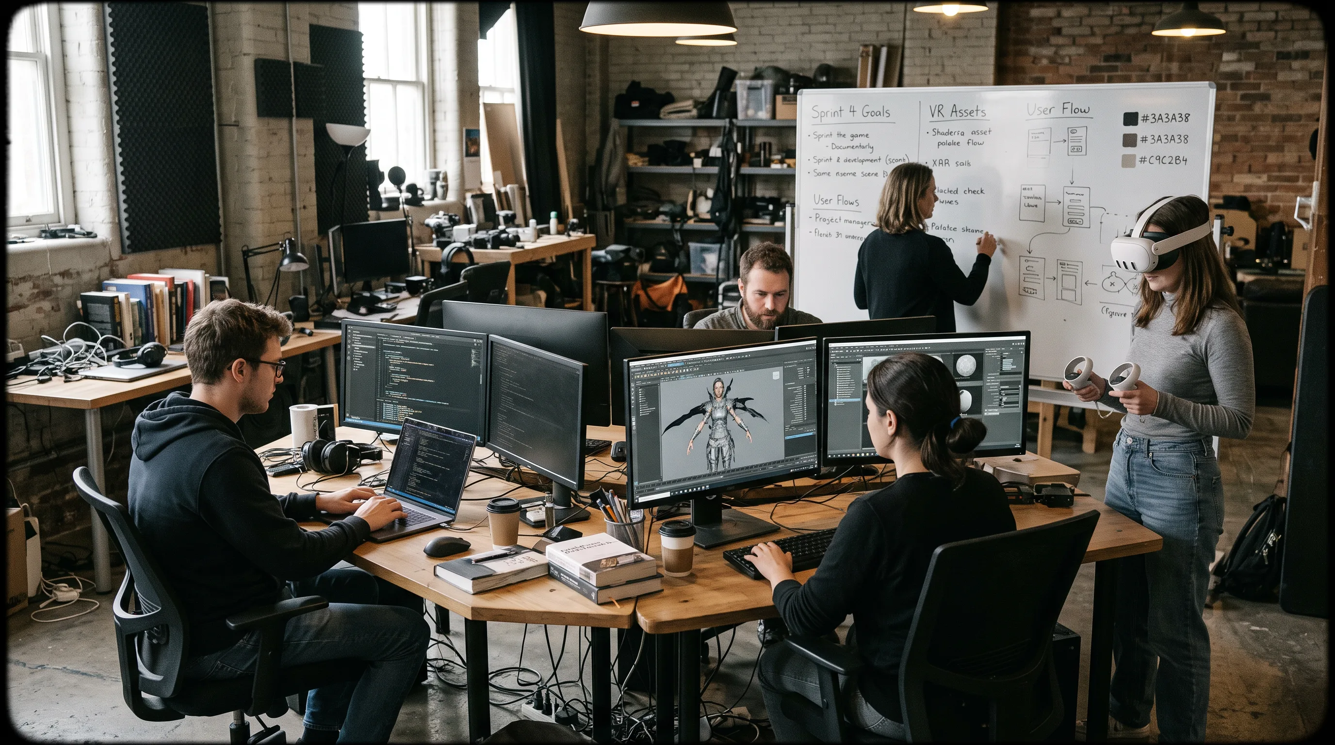 Five-person VR team of engineer, artists, QA, and project manager working in a studio.