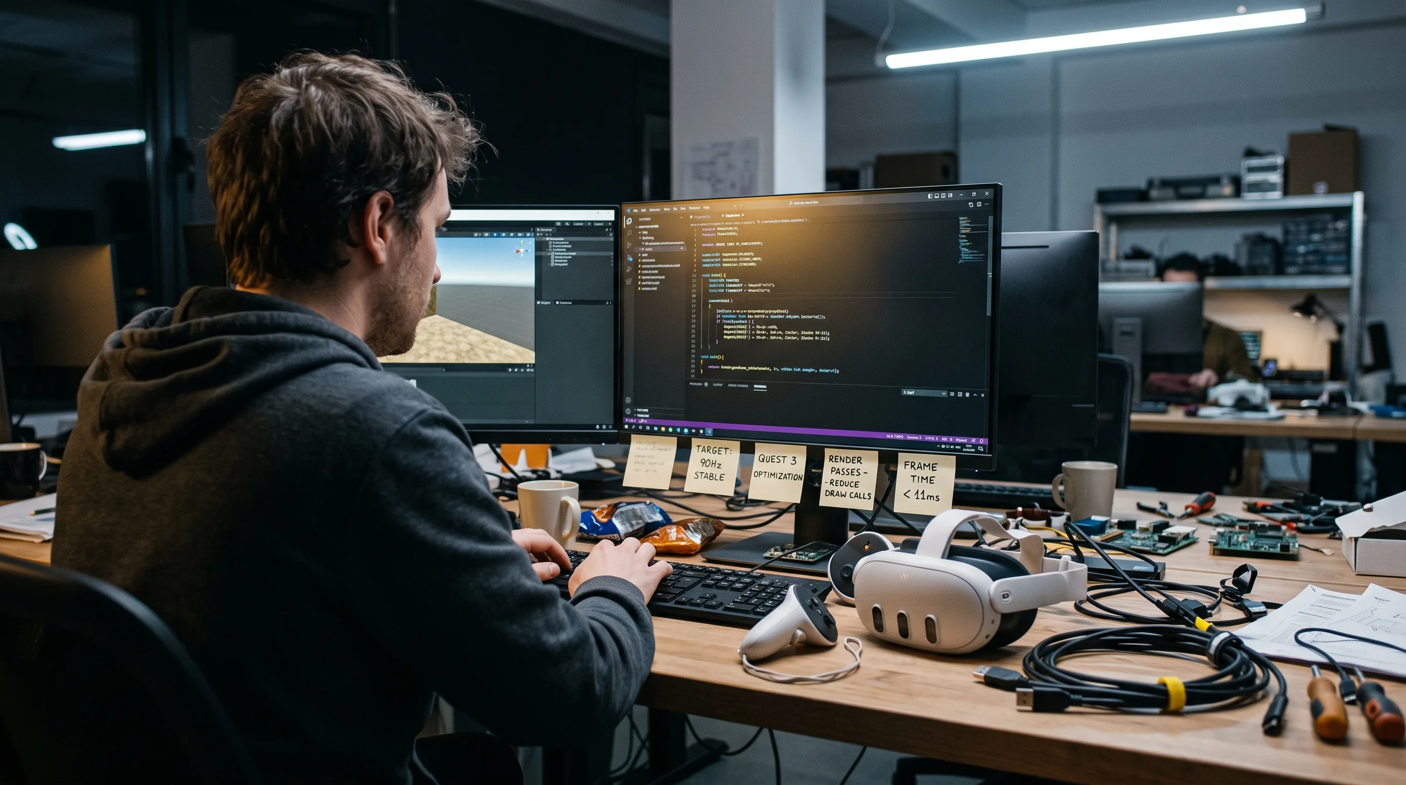 VR engineer writing shader code at a dev bench with a Meta Quest 3 and controllers.