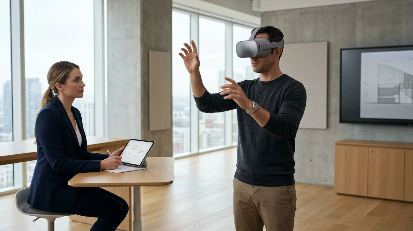 Professional using VR headset in industrial training room with colleague observing