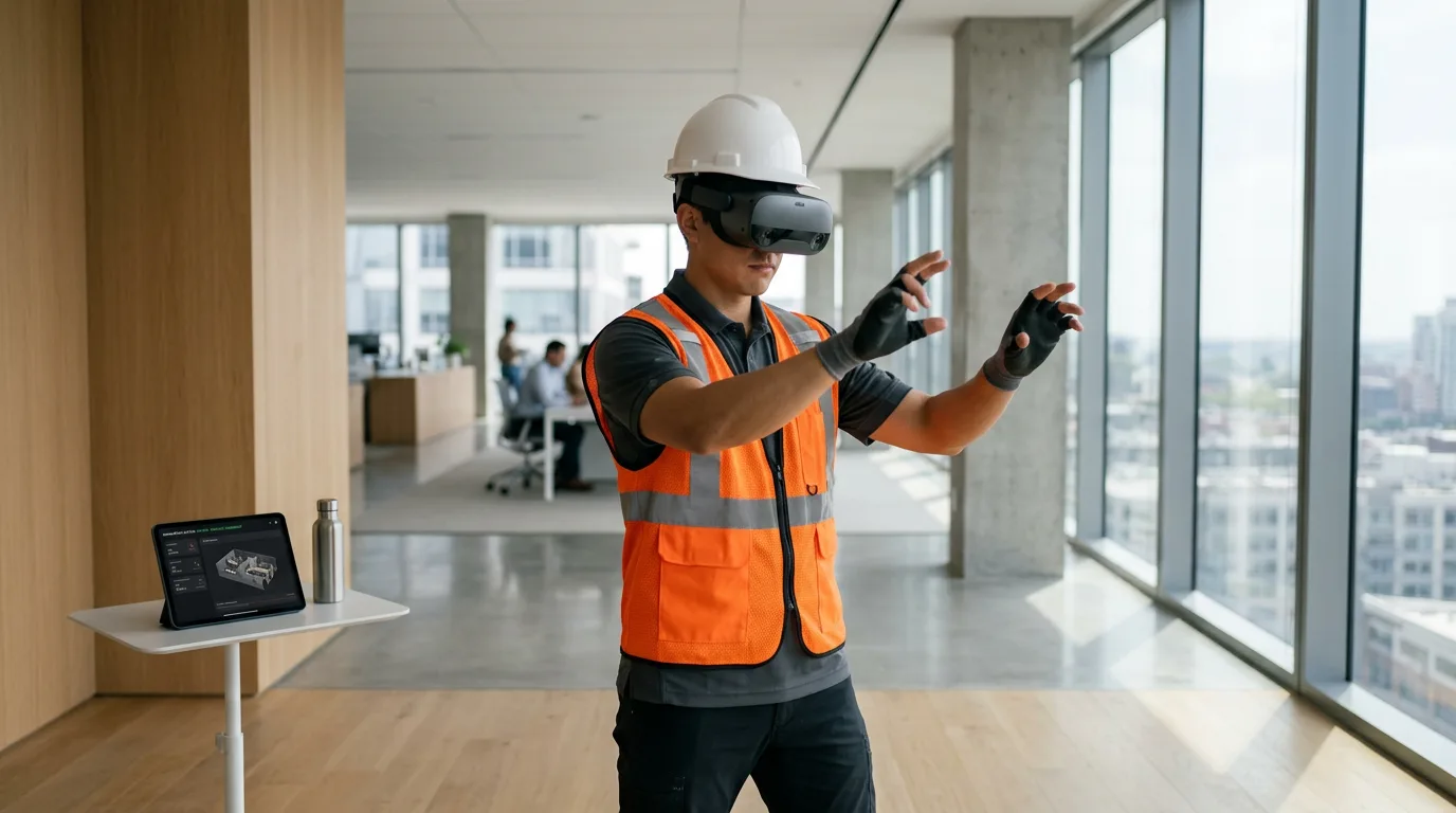 Worker in hard hat and safety vest using VR headset in bright training room