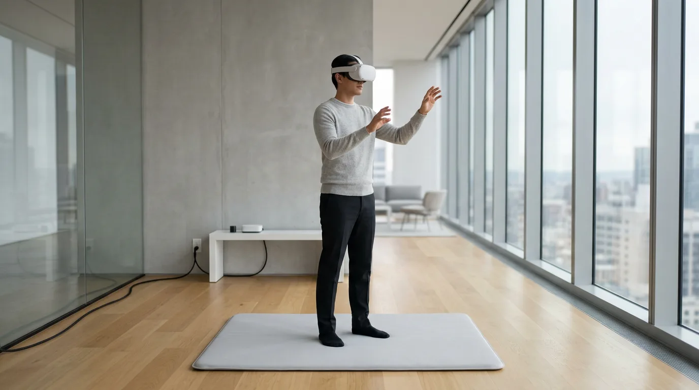 Person wearing white VR headset interacting in minimalist training room with soft natural light.