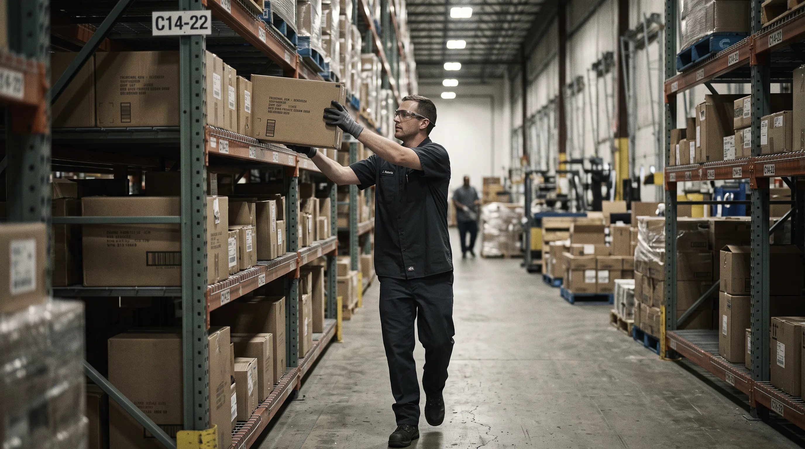 Warehouse picker wearing smart glasses reaches for a box in a storage aisle