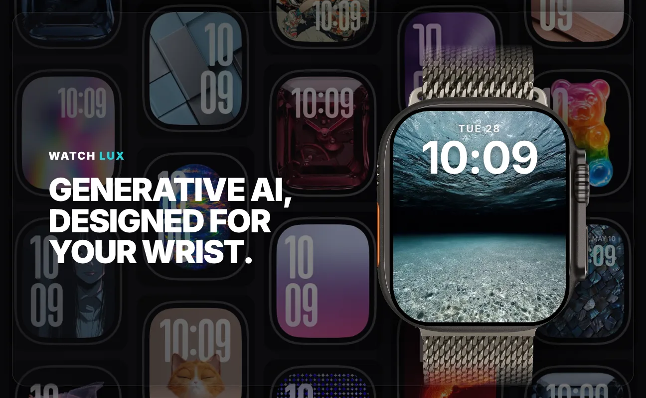 Watch Lux generative AI watch-face gallery with an Apple Watch product hero