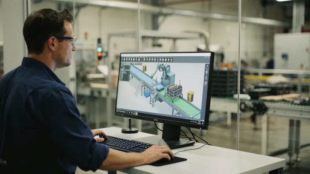 Engineer reviews a digital twin of a manufacturing production line on a workstation screen
