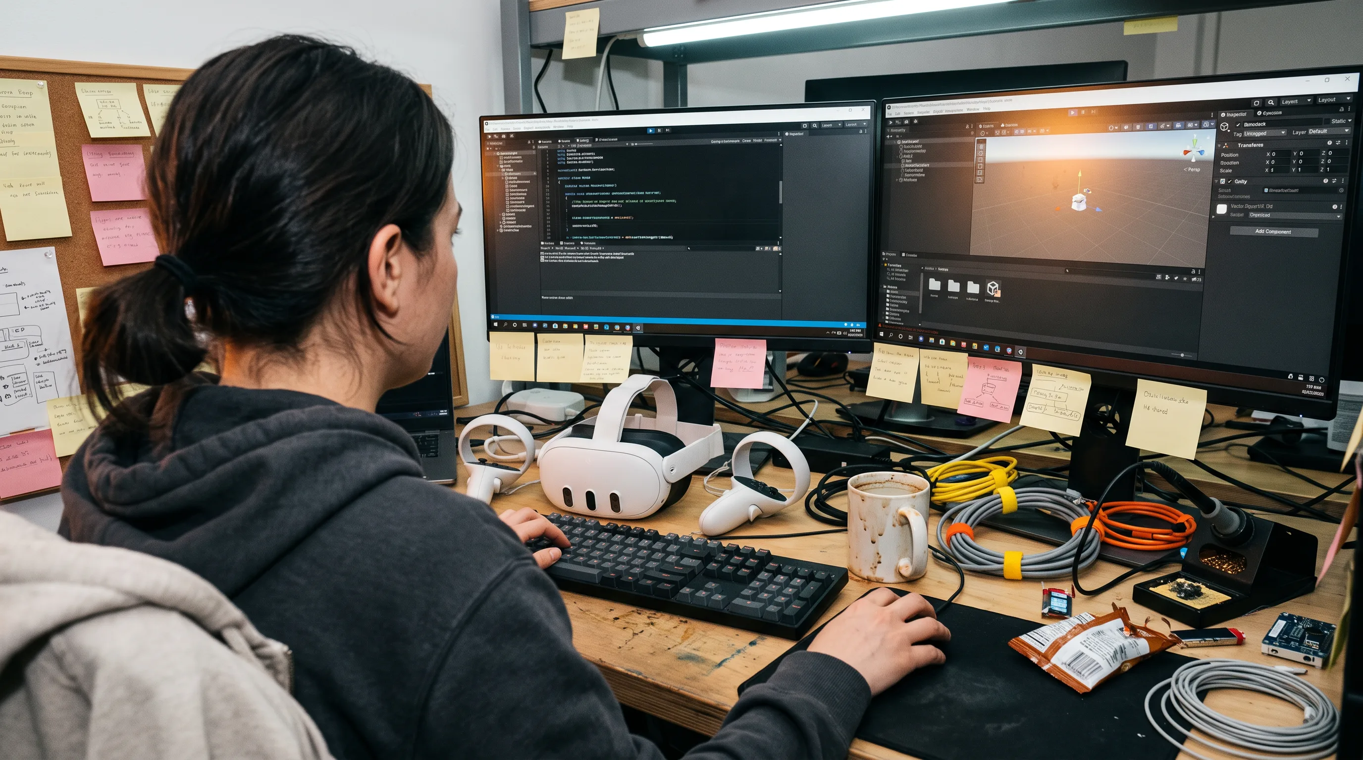 XR developer builds a mixed reality app in Unity with a Meta Quest 3 nearby
