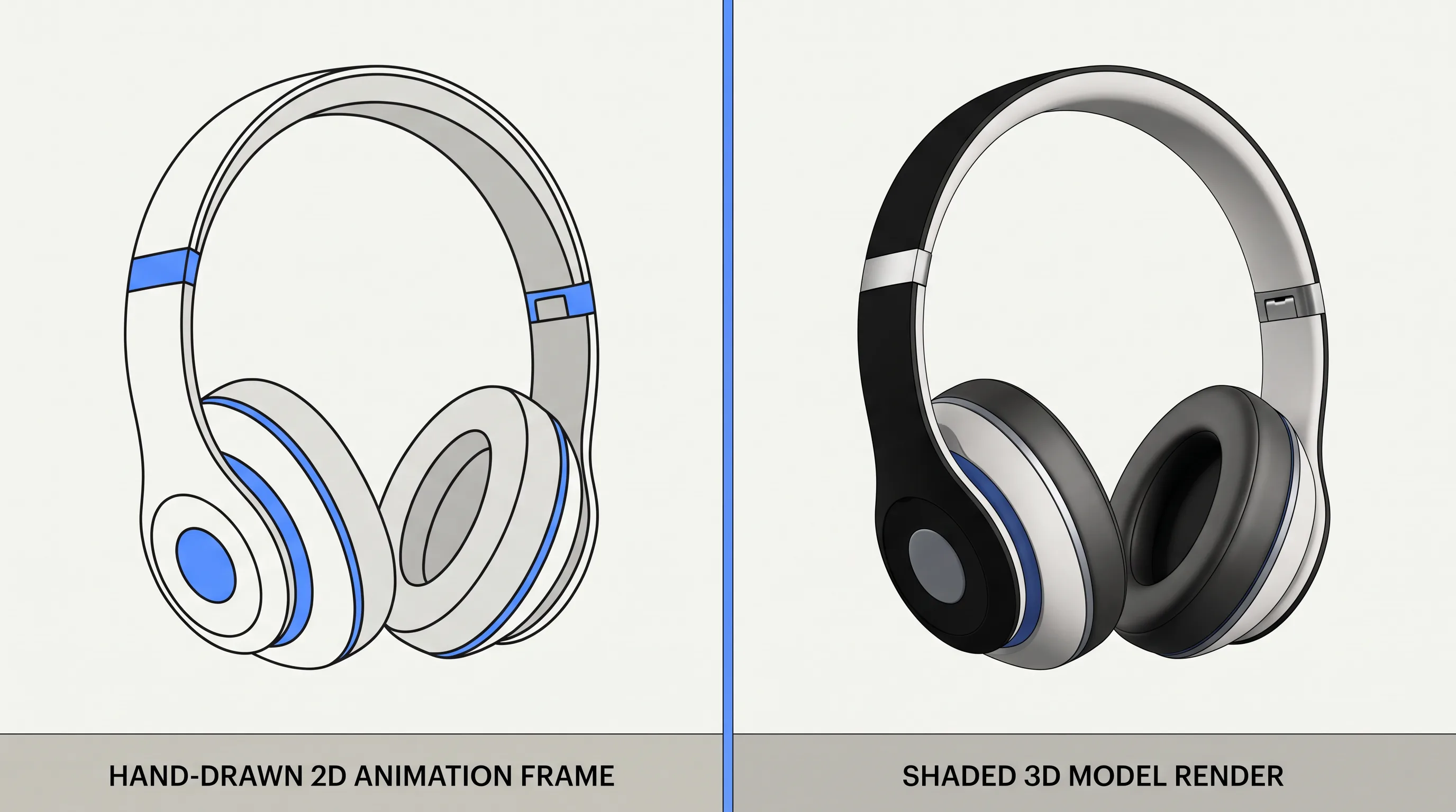 A flat 2D animation frame beside a shaded 3D model of the same product.