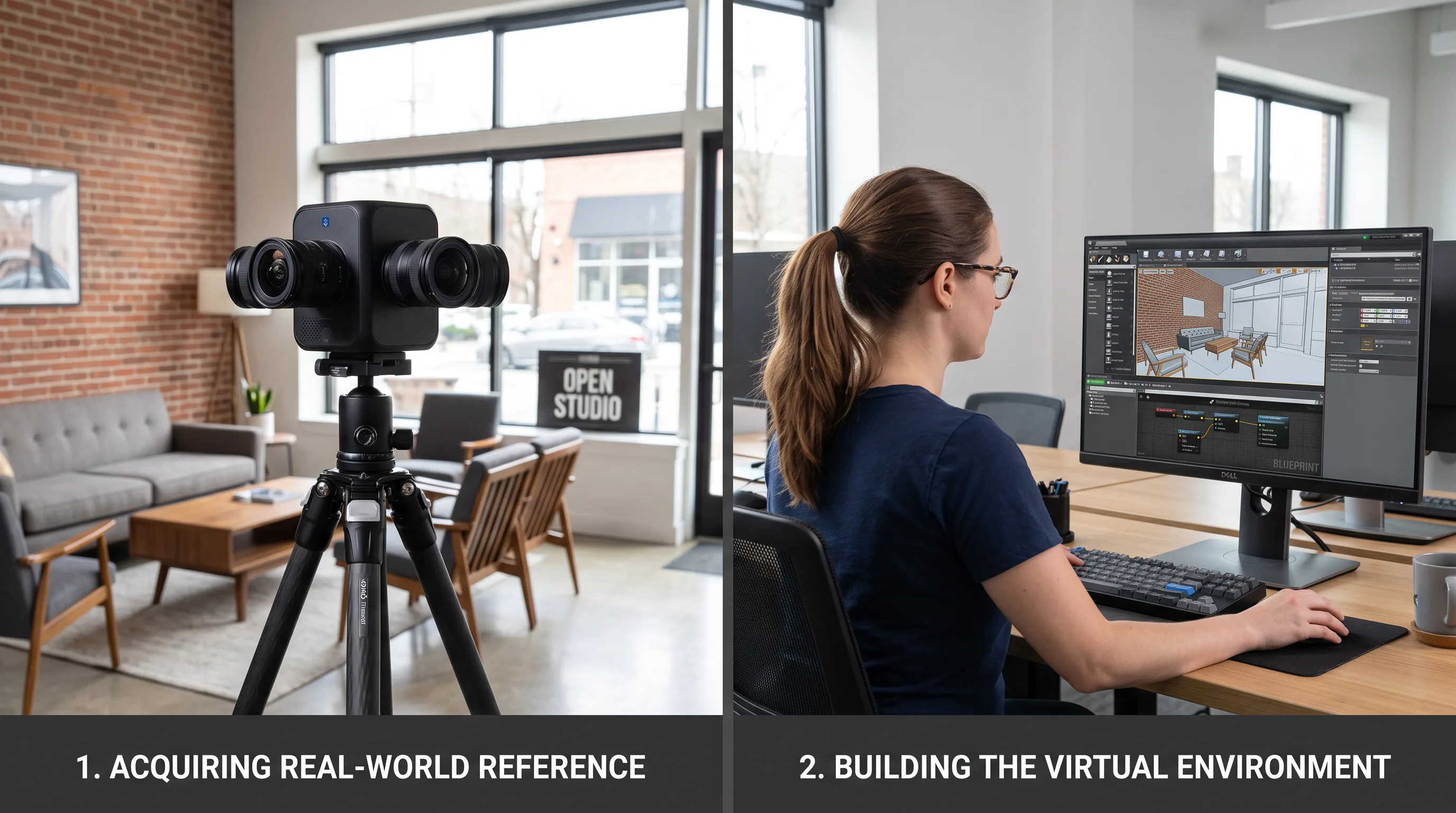 Side-by-side of a 360 camera rig filming and a developer building a 3D engine scene.