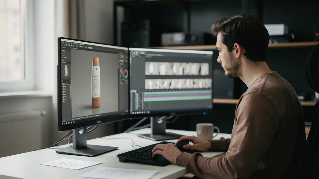 A 3D animation services artist refines a product model at a studio workstation.