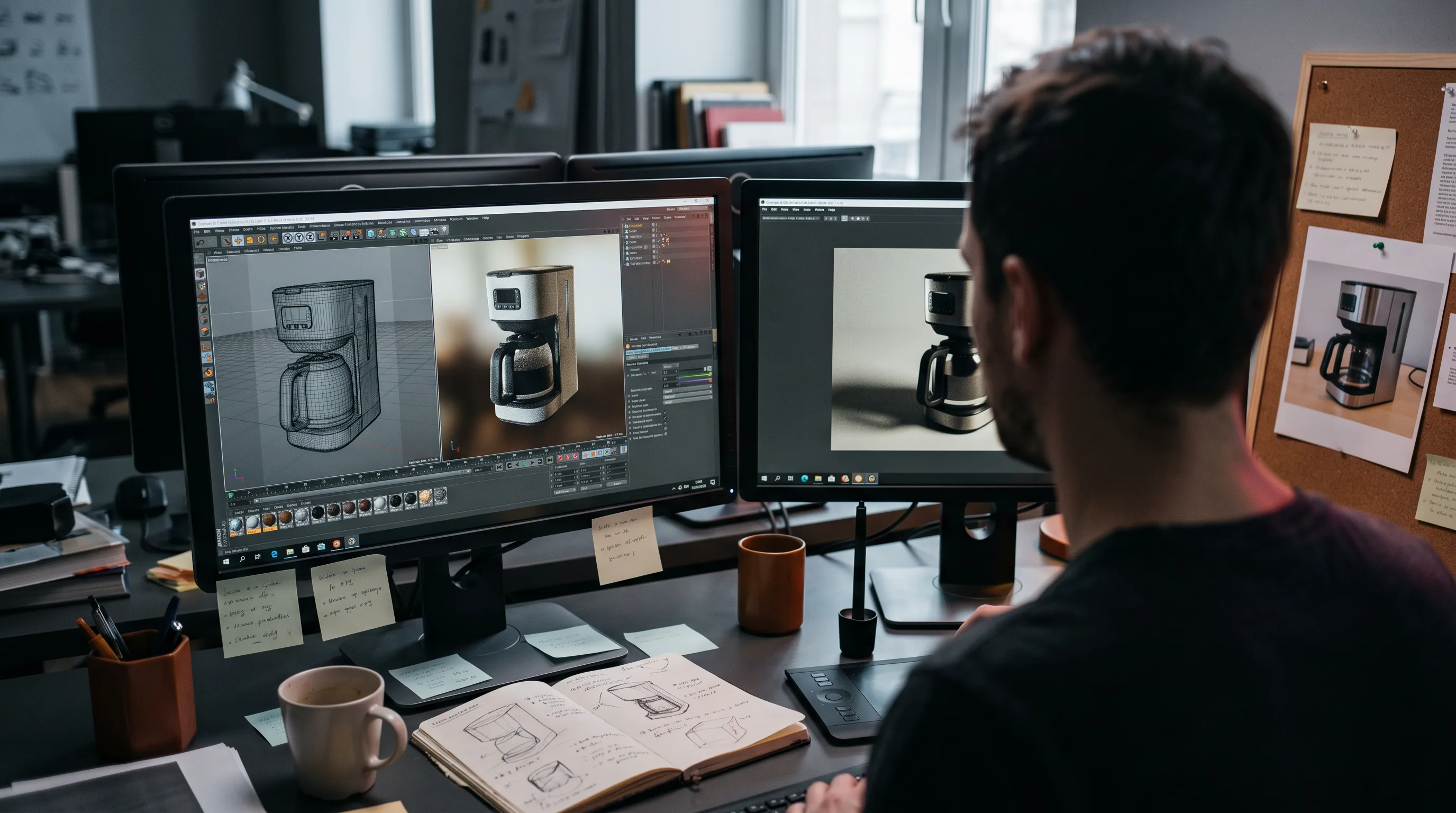 3D artist shading a product model at a dual-screen workstation in a rendering studio