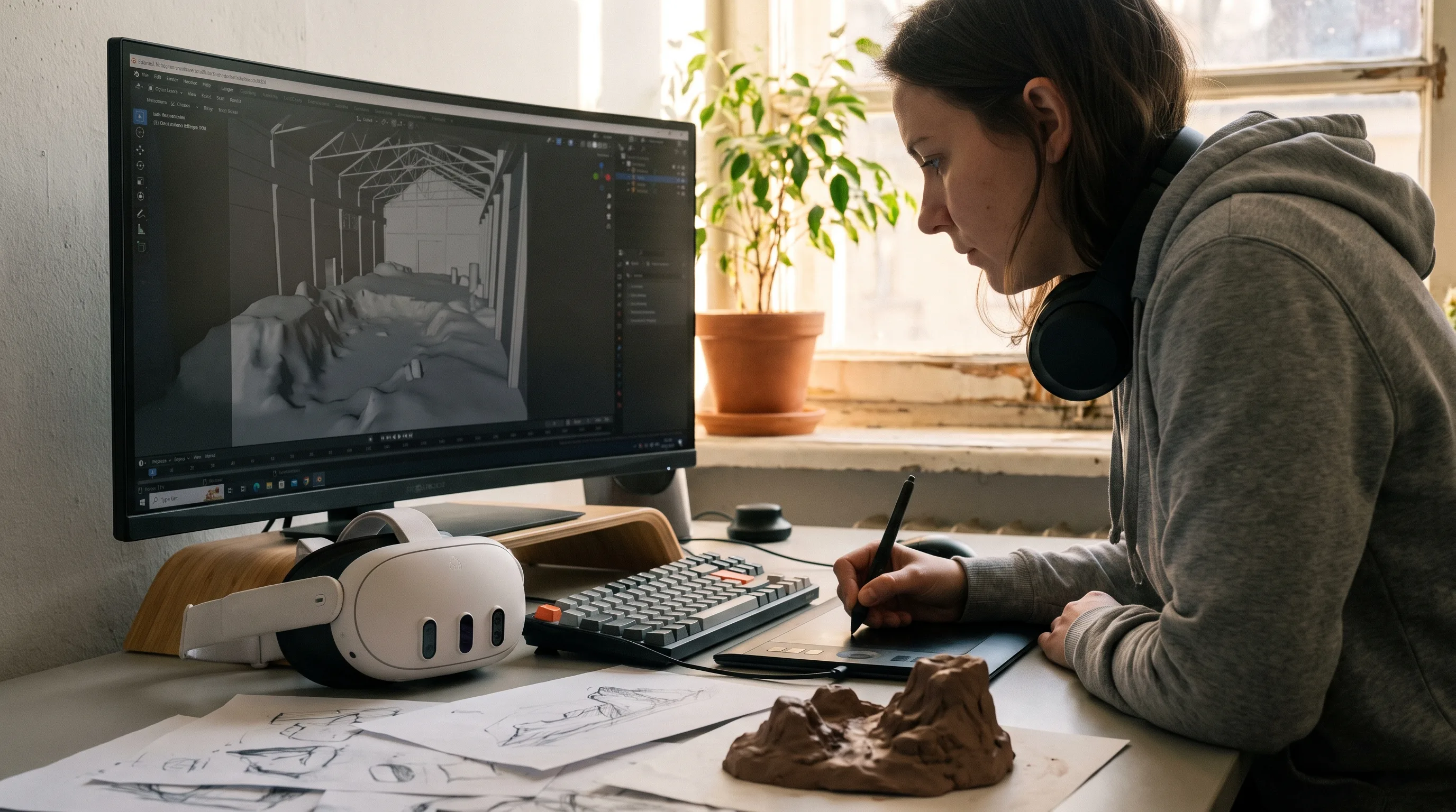 3D artist building a designed immersive environment with a Meta Quest 3 on the desk