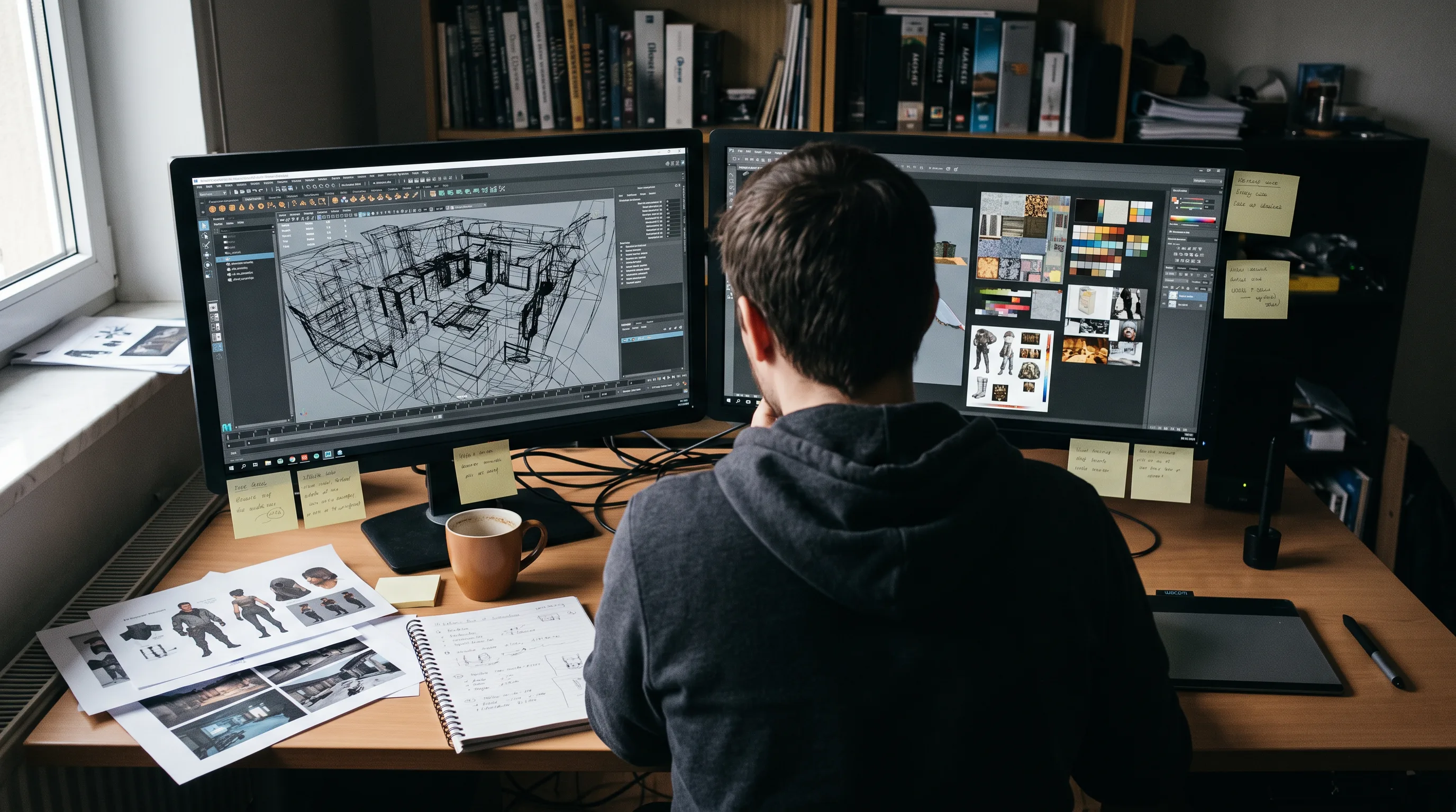 3D artist building virtual environment assets across two monitors in a game studio