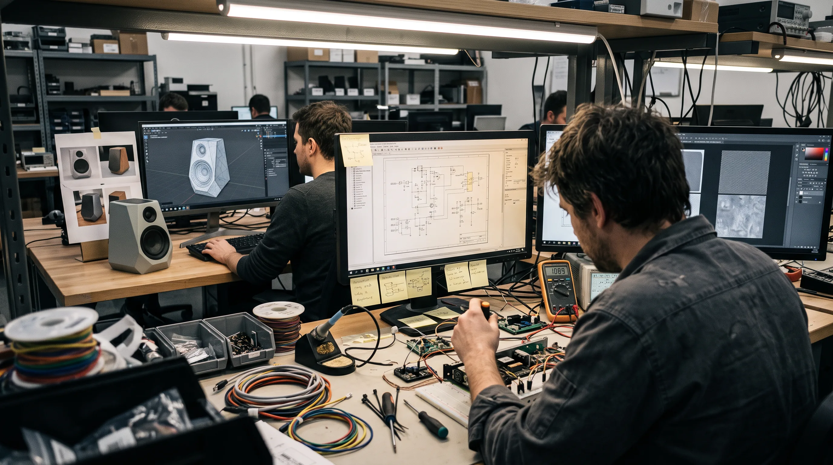 A 3D artist refines a product mesh in Blender on a studio workstation