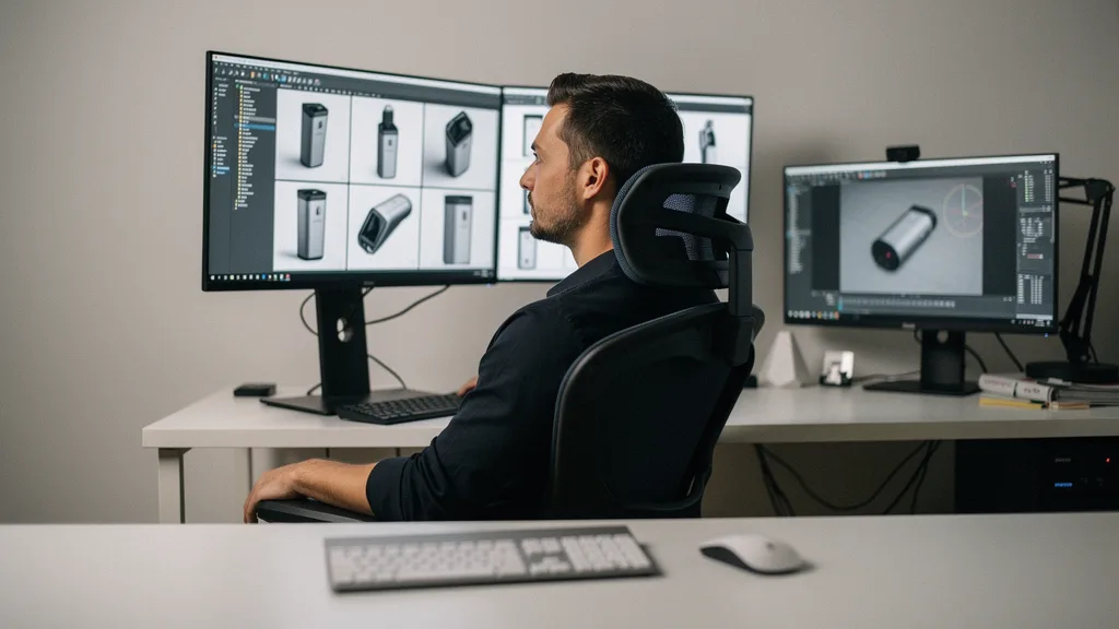 3D product rendering specialist reviewing photoreal product images at a large studio monitor