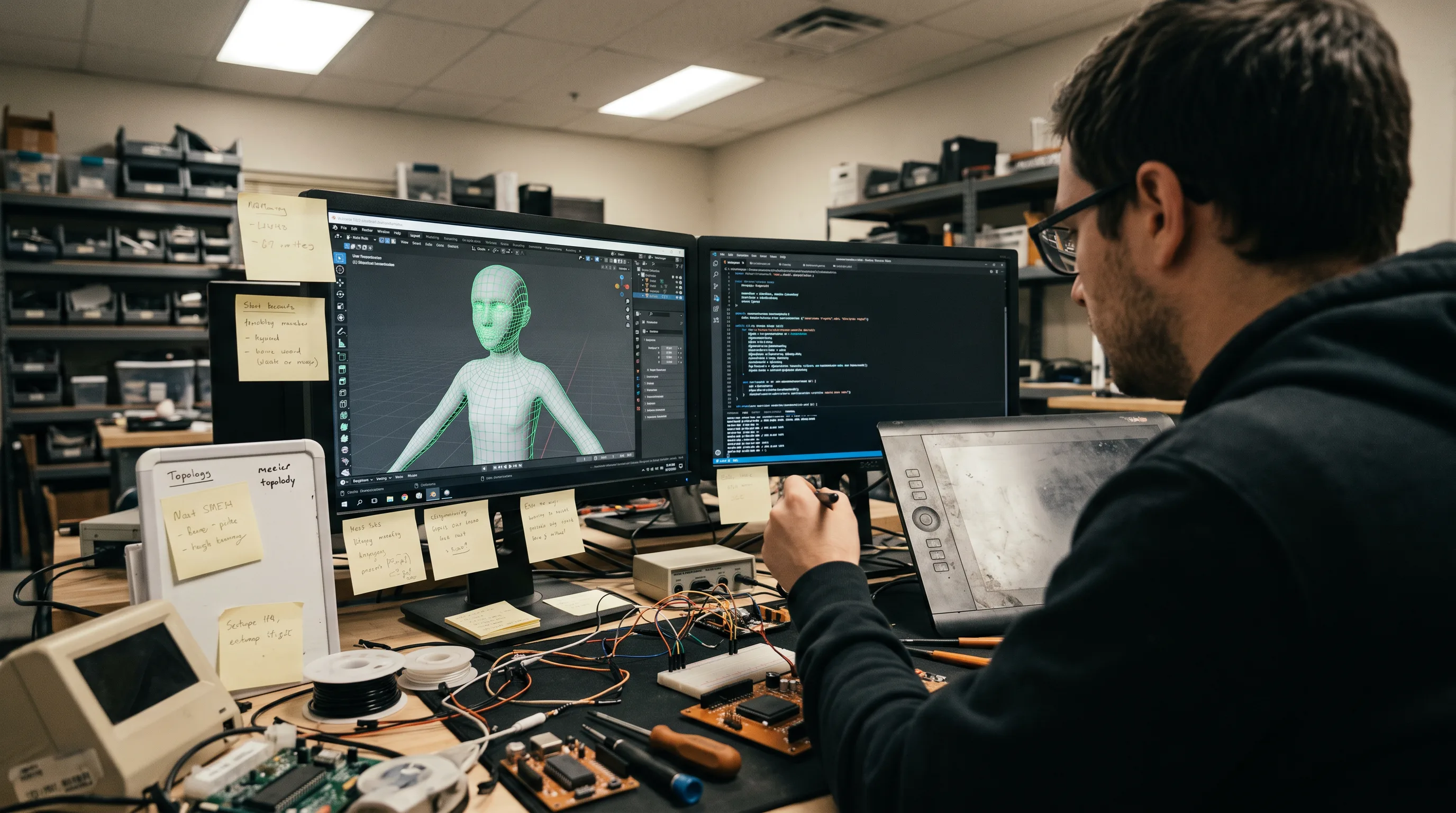 An artist rebuilds the topology of a rough AI-generated 3D model on screen.