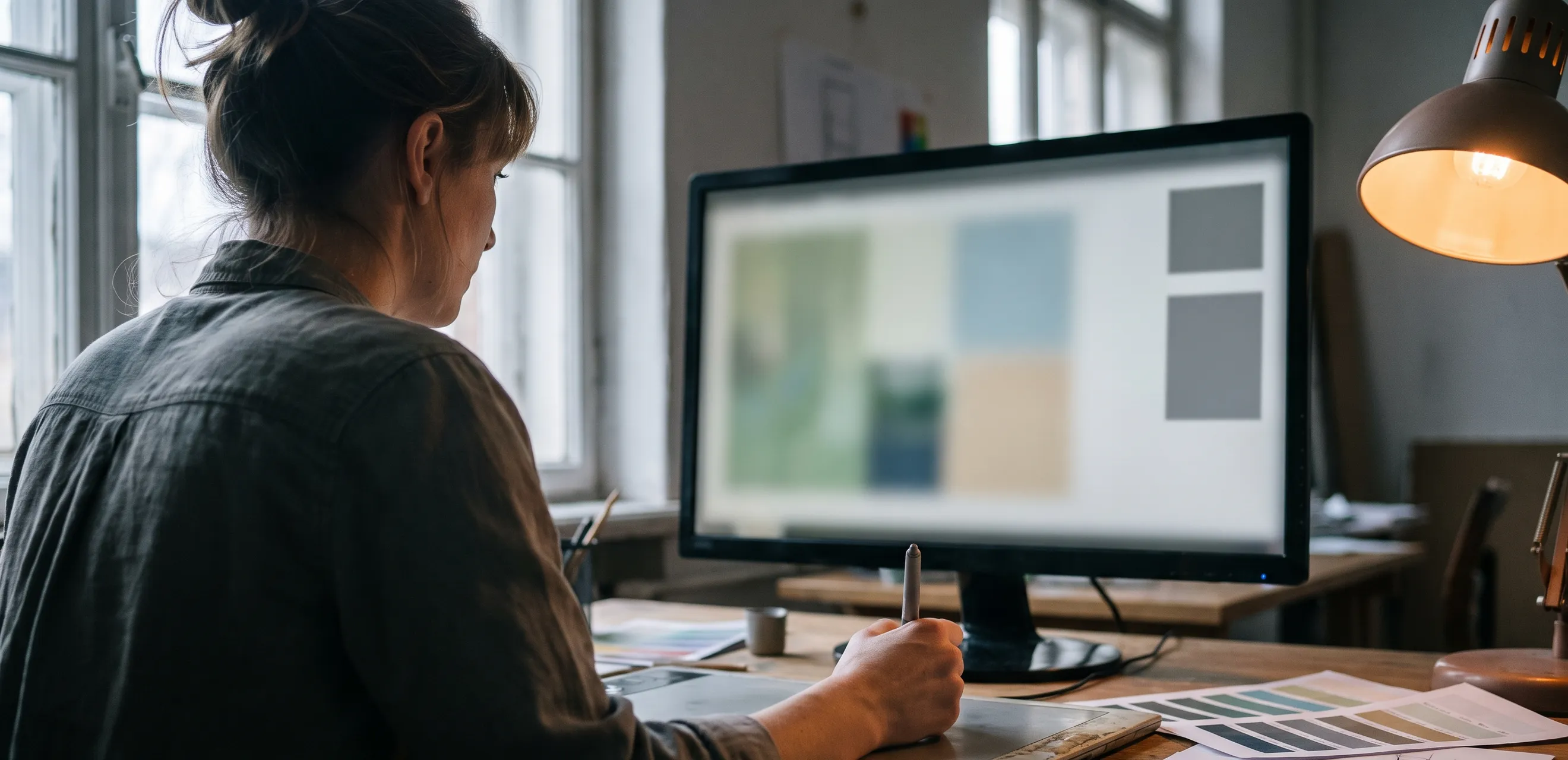 Designer working on Android app layouts at a studio monitor with colour swatches