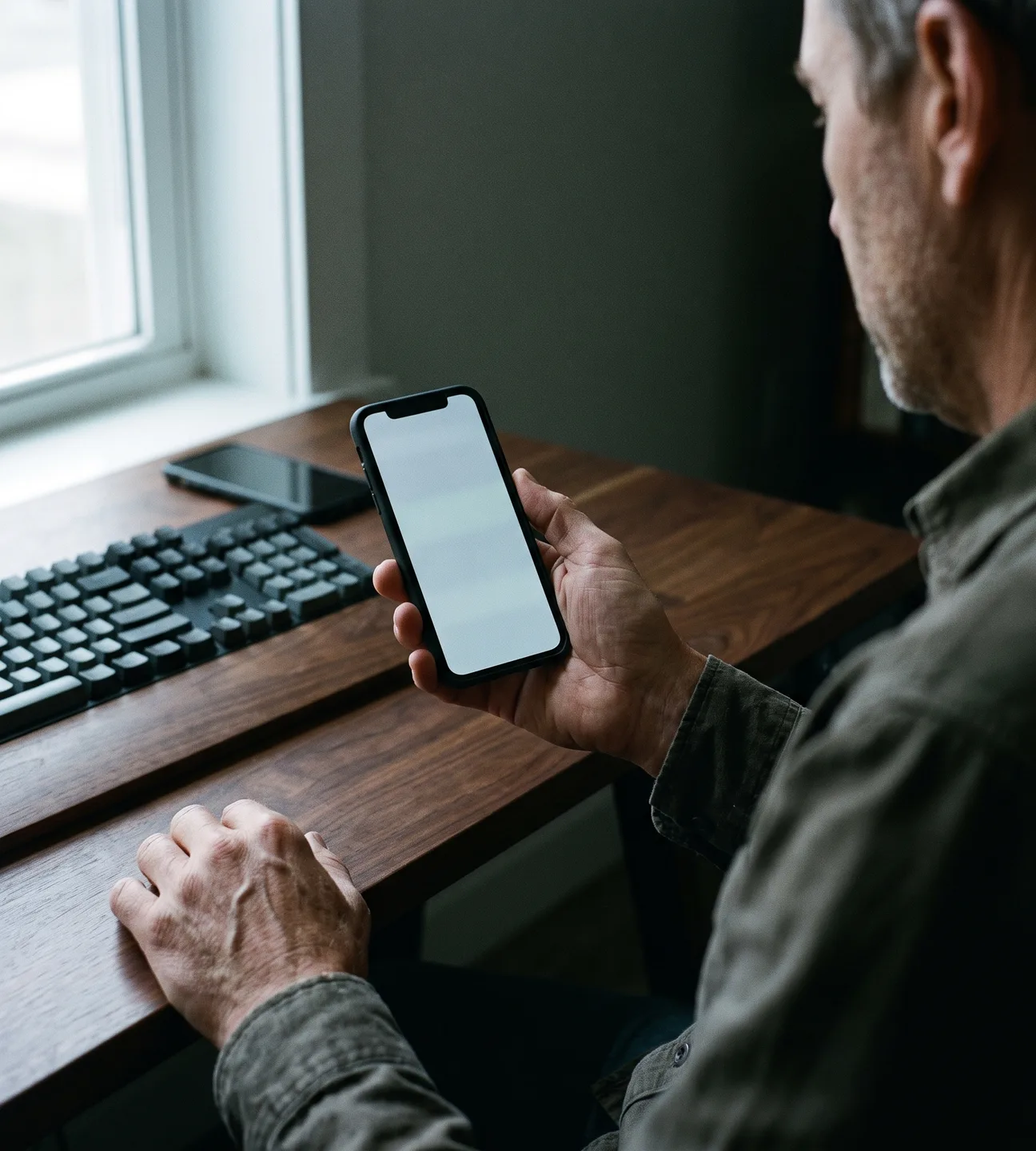 Developer holding an Android phone at a desk beside a mechanical keyboard
