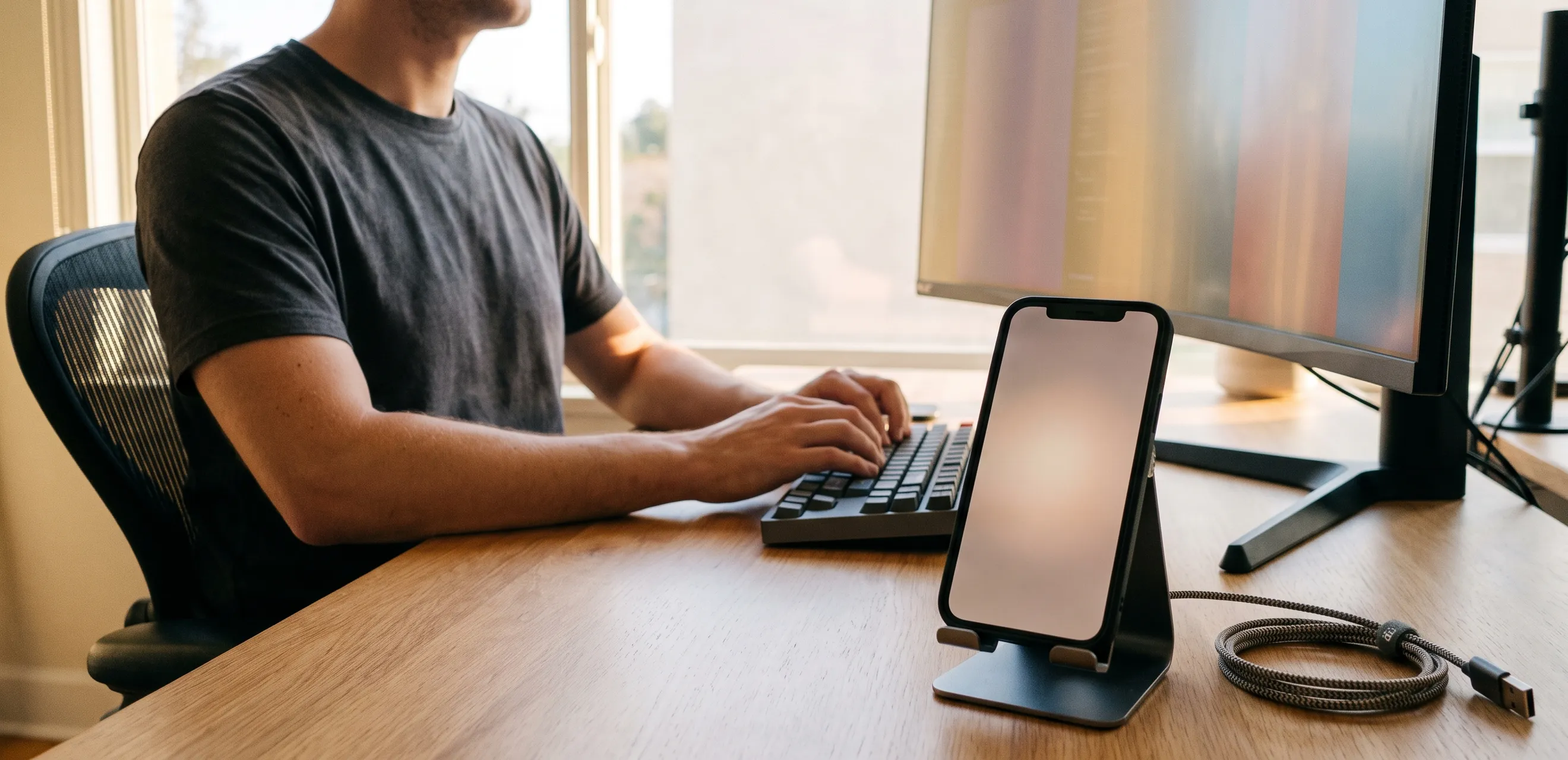 Android developer testing a build on a phone propped beside a monitor