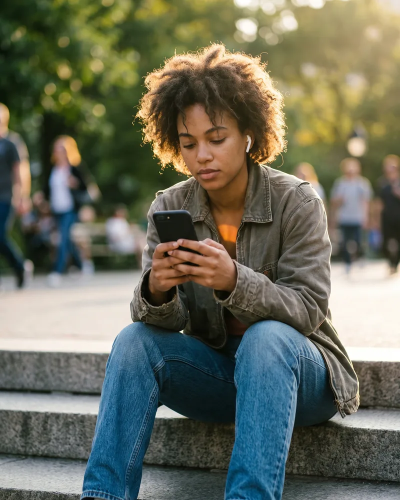 Woman using an Android phone on city steps in late afternoon light