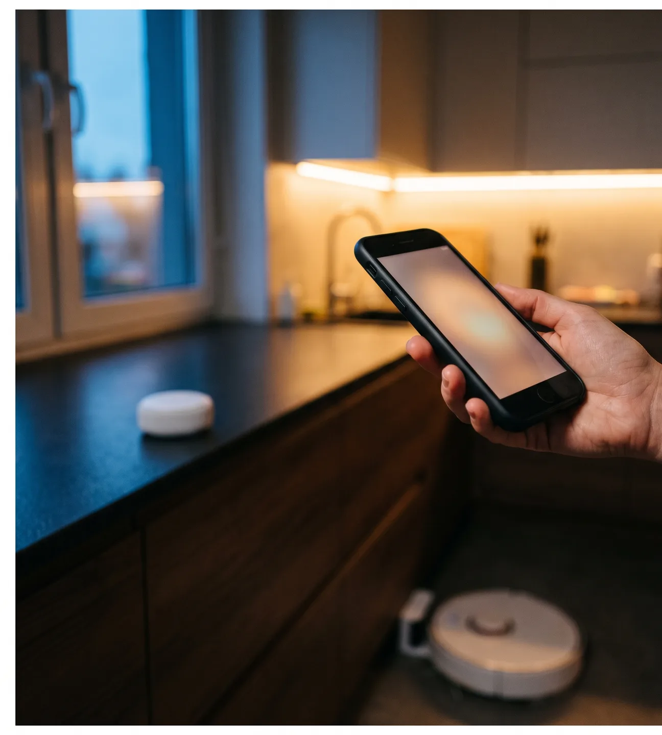 Hand using an Android phone to control a connected home device in a kitchen