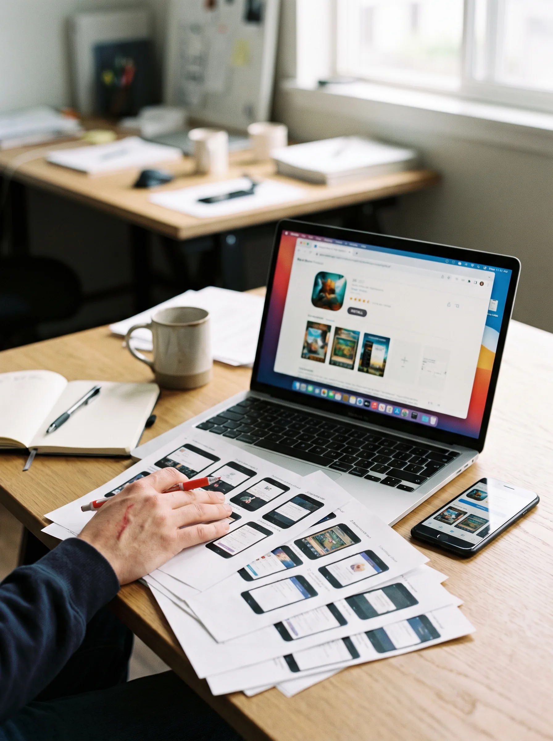 Studio desk with app store listing assets and screenshots prepared for submission review