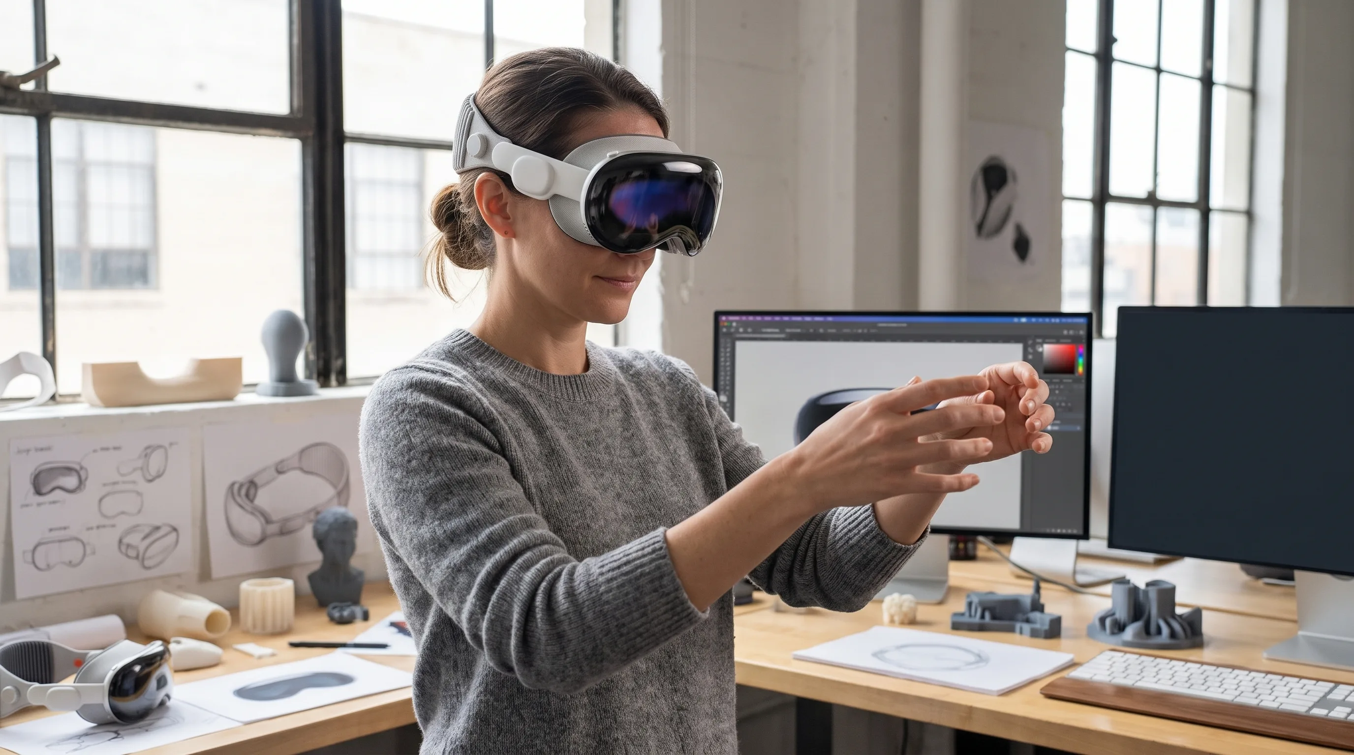 Product designer wearing Apple Vision Pro examines a 3D product model in a corporate showroom